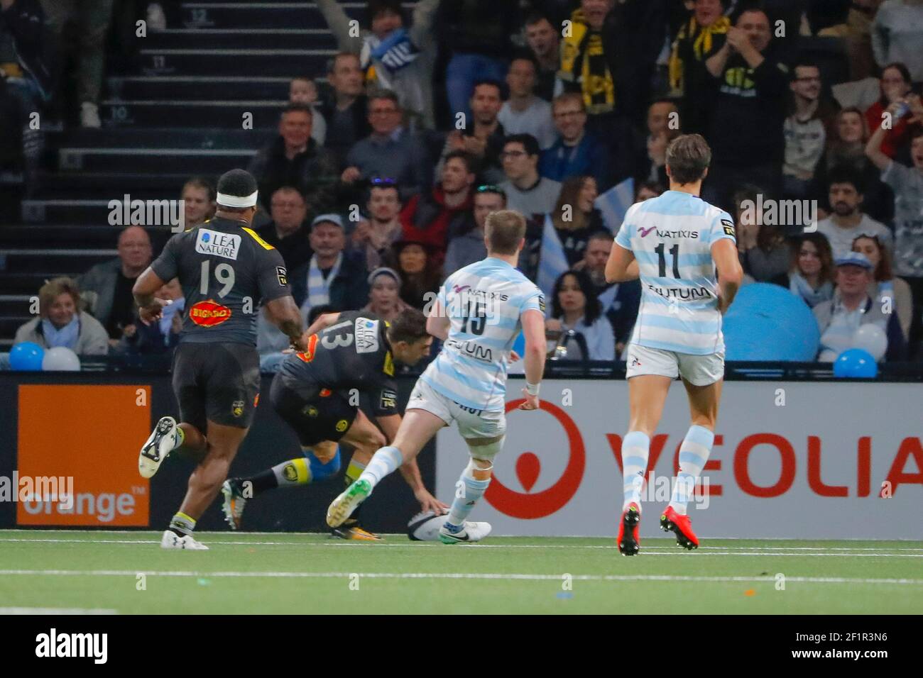 Paul Jordaan (Stade Rochelais) scored a try, Levani Botia (Stade Rochelais), Louis Dupichot (Racing 92), Juan Jose Imhoff (Racing 92) during the French Championship Top 14 Rugby Union match between Racing 92 and La Rochelle on february 18, 2018 at U Arena in Nanterre, France - Photo Stephane Allaman / DPPI Stock Photo
