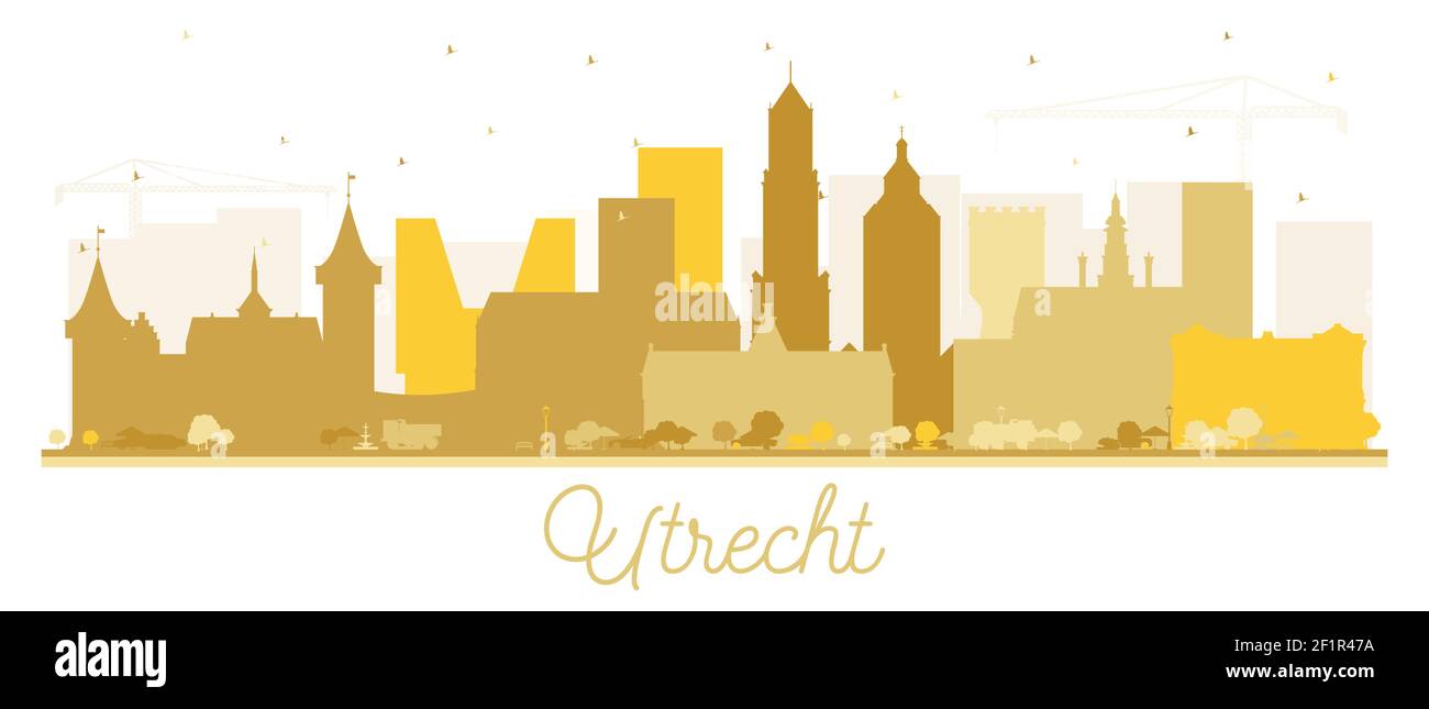Utrecht Netherlands City Skyline Silhouette with Golden Buildings Isolated on White. Business Travel and Tourism Concept with Historic Architecture. Stock Vector