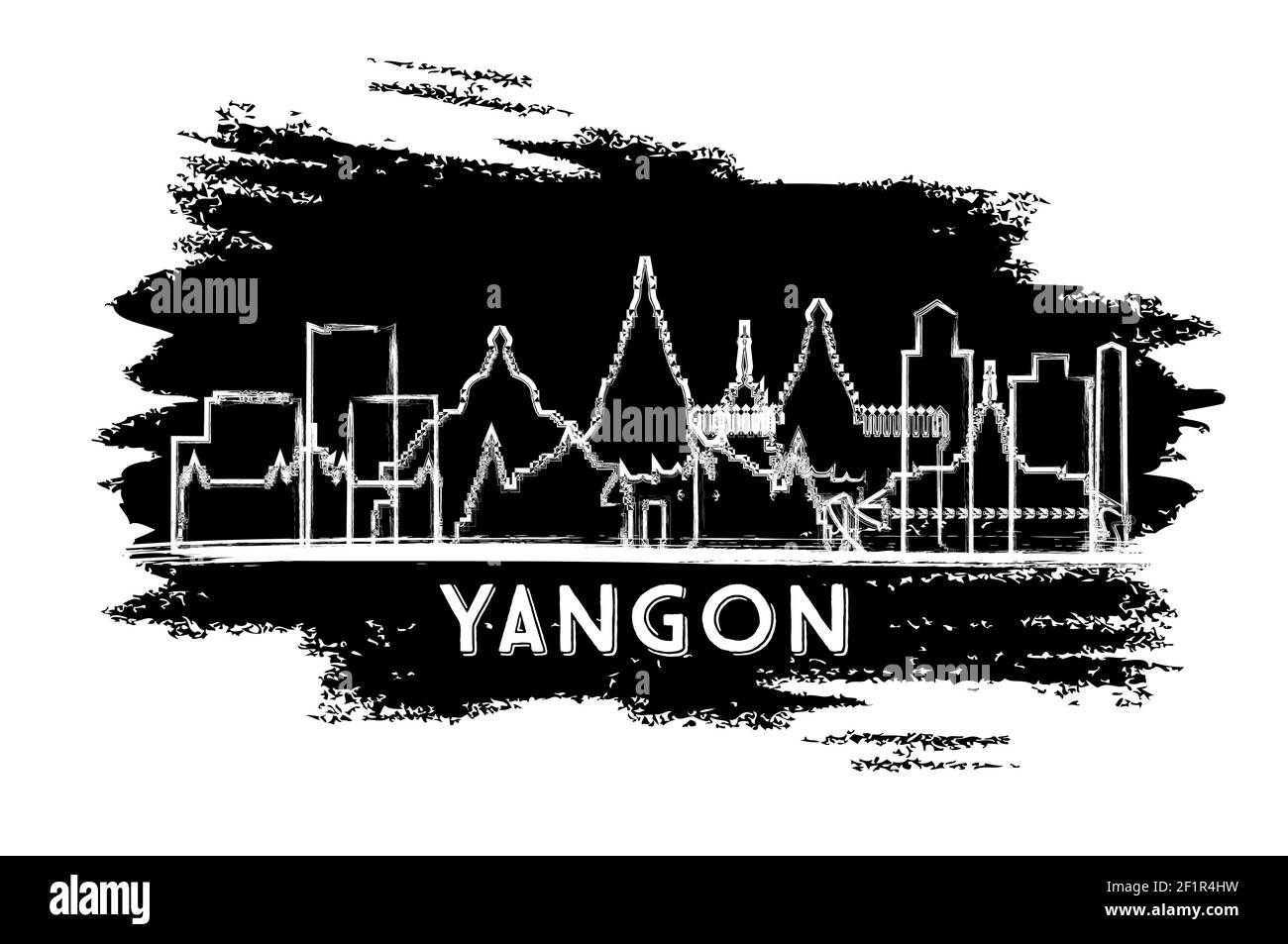 Yangon Myanmar City Skyline Silhouette. Hand Drawn Sketch. Business Travel and Tourism Concept with Historic Architecture. Vector Illustration. Stock Vector