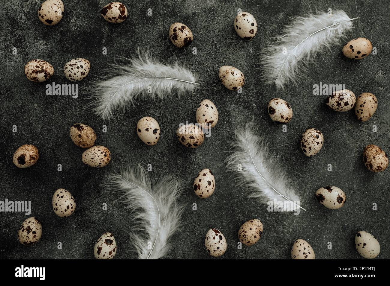 Easter pattern with eggs and feathers on dark background. Flat lay, Top view. Easter holiday concept. Stock Photo
