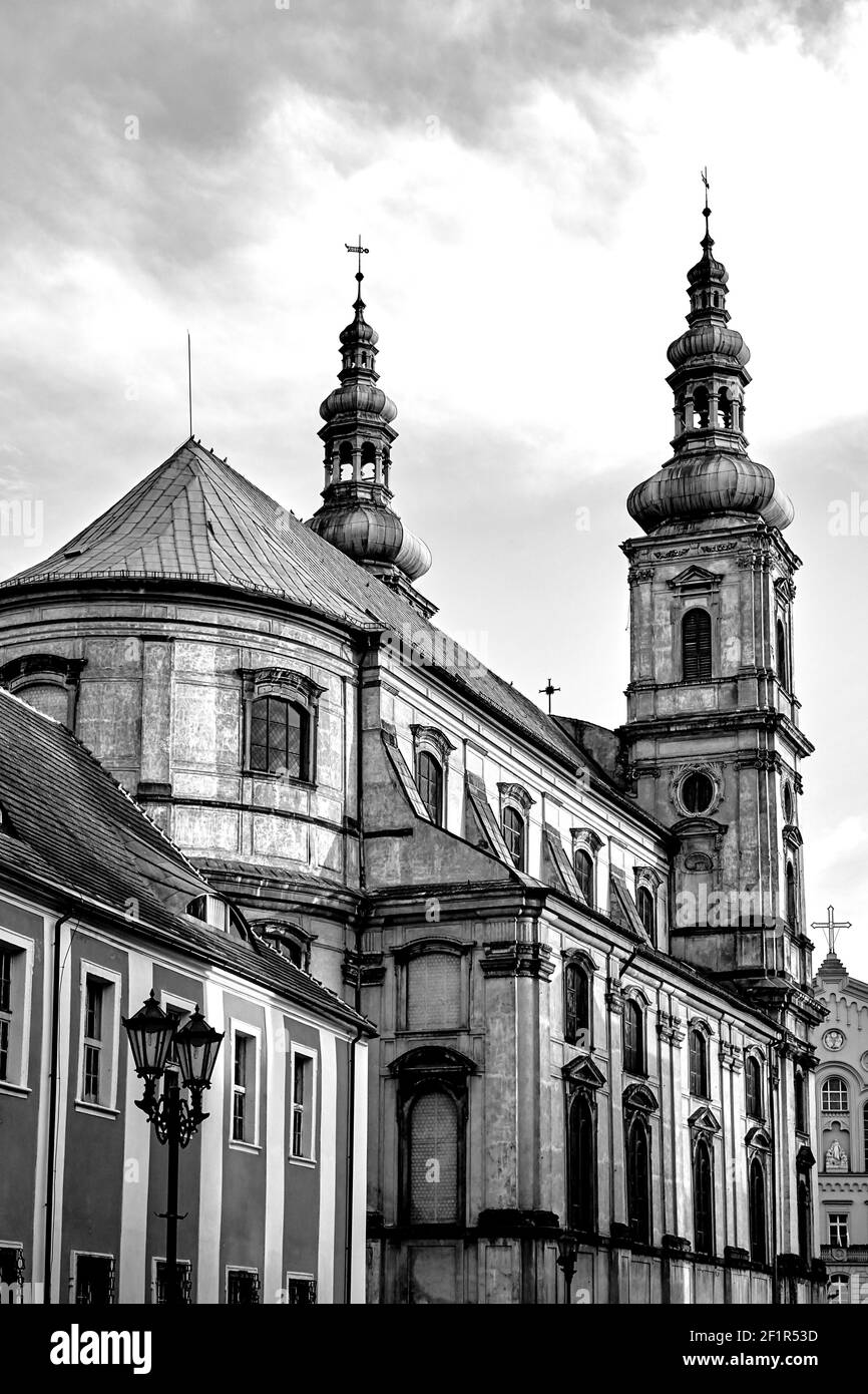 Belfries of the baroque church of the Jesuit monastery in the city of Nysa, monochrome Stock Photo