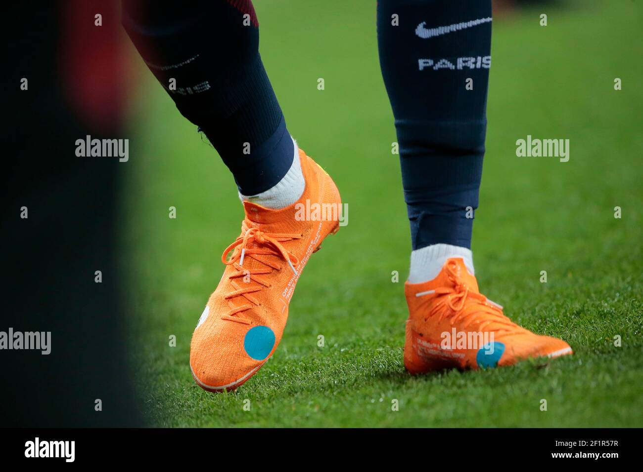 Shoes of Kylian Mbappe (PSG), Off-White ™ for NIKE 'Nike Mercurial Vapore'  Beaverton, Oregon USA c. 2018 'KNIT', during the French championship L1  football match between Paris Saint-Germain (PSG) and Monaco, on