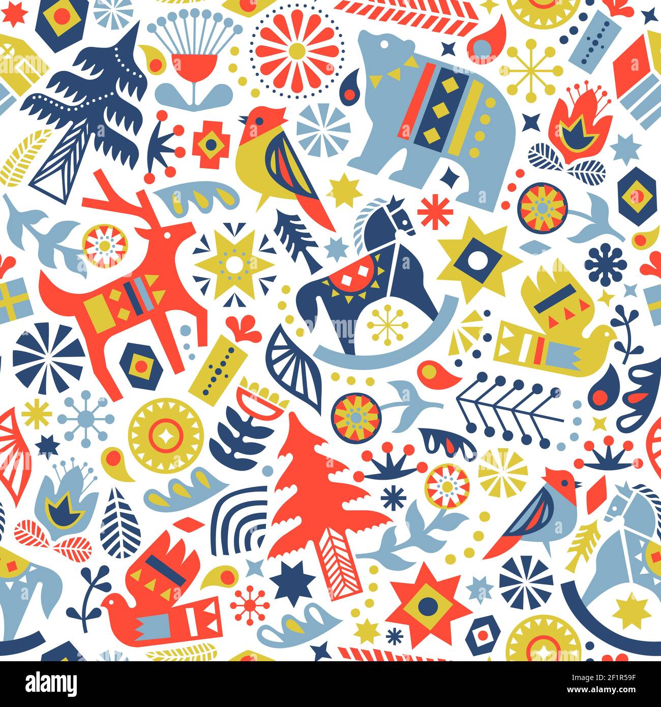 Christmas seamless pattern illustration of colorful scandinavian folk art icons. Holiday background decoration in modern nordic style includes winter Stock Vector