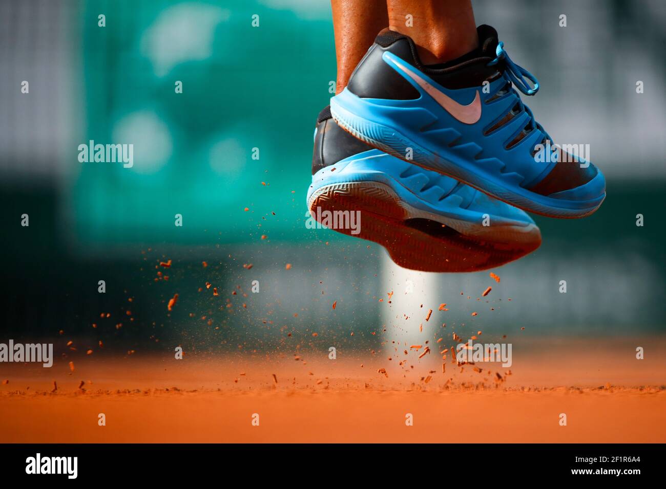 Illustration of Nike shoes and cley of Madison KEYS (USA) at service during  the Roland Garros French Tennis Open 2018, day 12, on June 7, 2018, at the  Roland Garros Stadium in