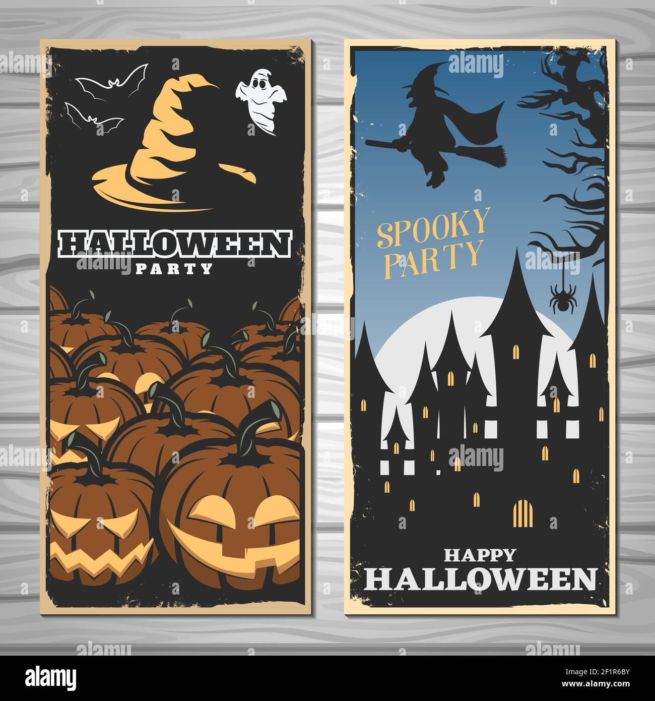 Halloween party flyers with lanterns of jack and witch at broom on wood ...