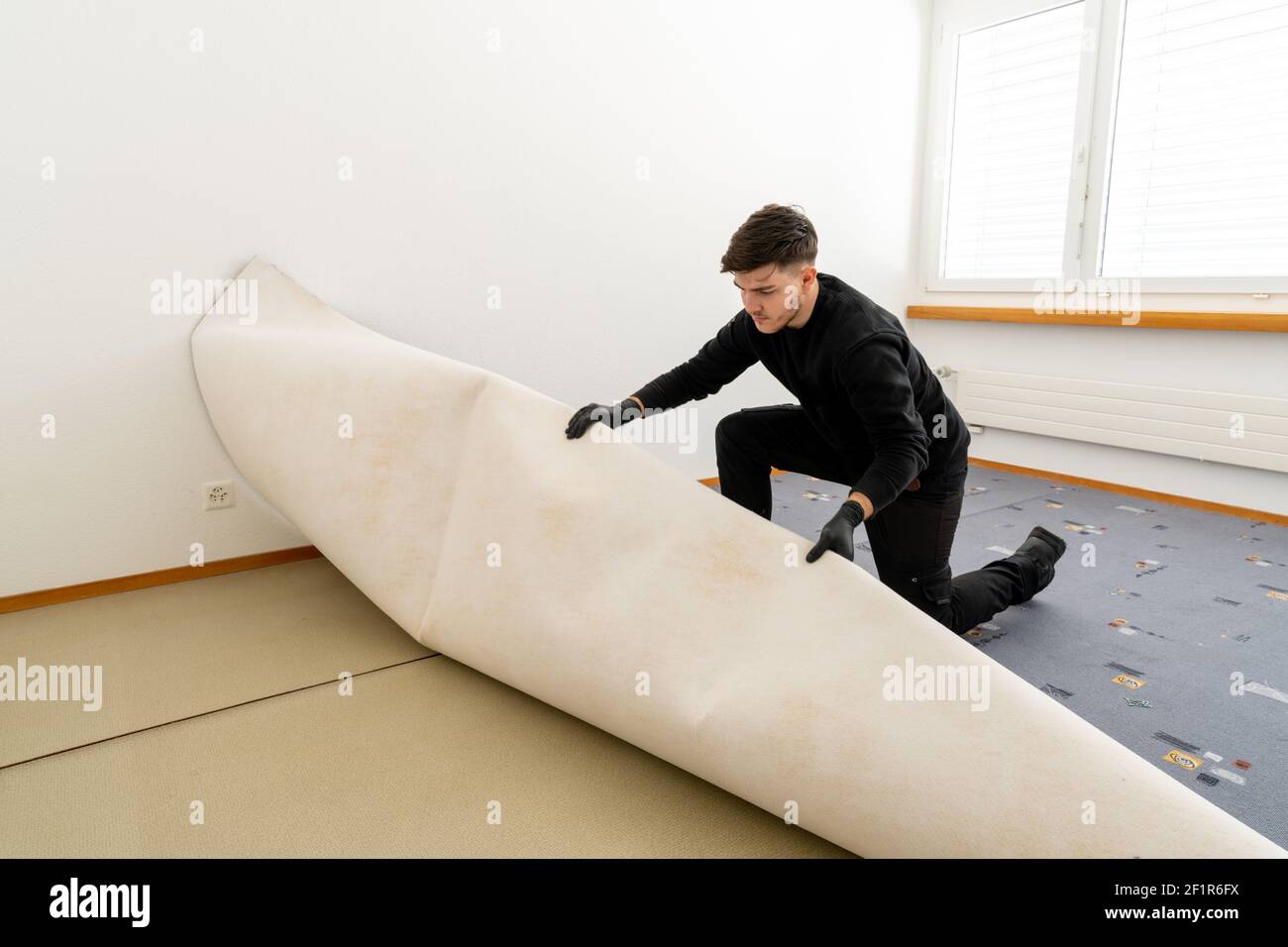 Professional cleaner from a facility management company removes ugly old carpet in a bedroom