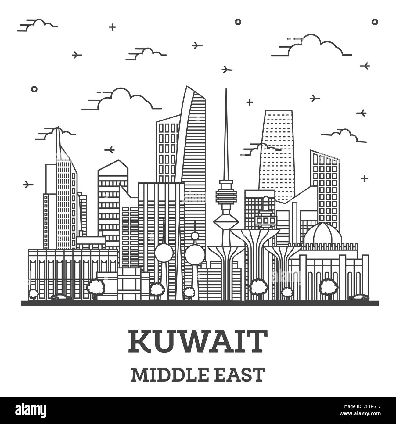 Outline Kuwait City Skyline with Modern Buildings Isolated on White. Vector Illustration. Kuwait Cityscape with Landmarks. Stock Vector