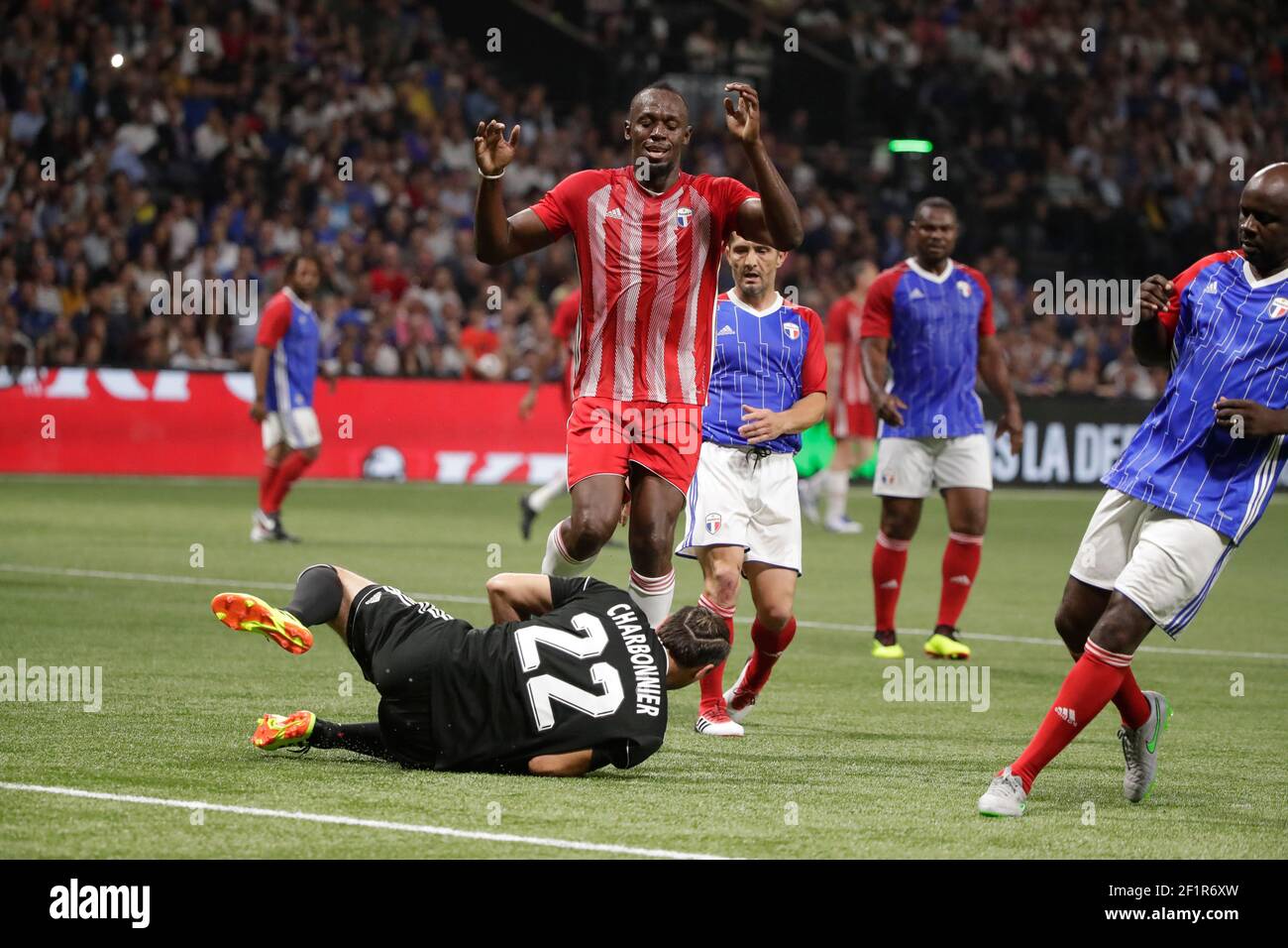 Usain Bolt (FIFA 98), Lionel Charbonnier (France 98), Bixente Lizarazu (France 98) during the 2018 Friendly Game football match between France 98 and FIFA 98 on June 12, 2018 at U Arena in Nanterre near Paris, France - Photo Stephane Allaman / DPPI Stock Photo