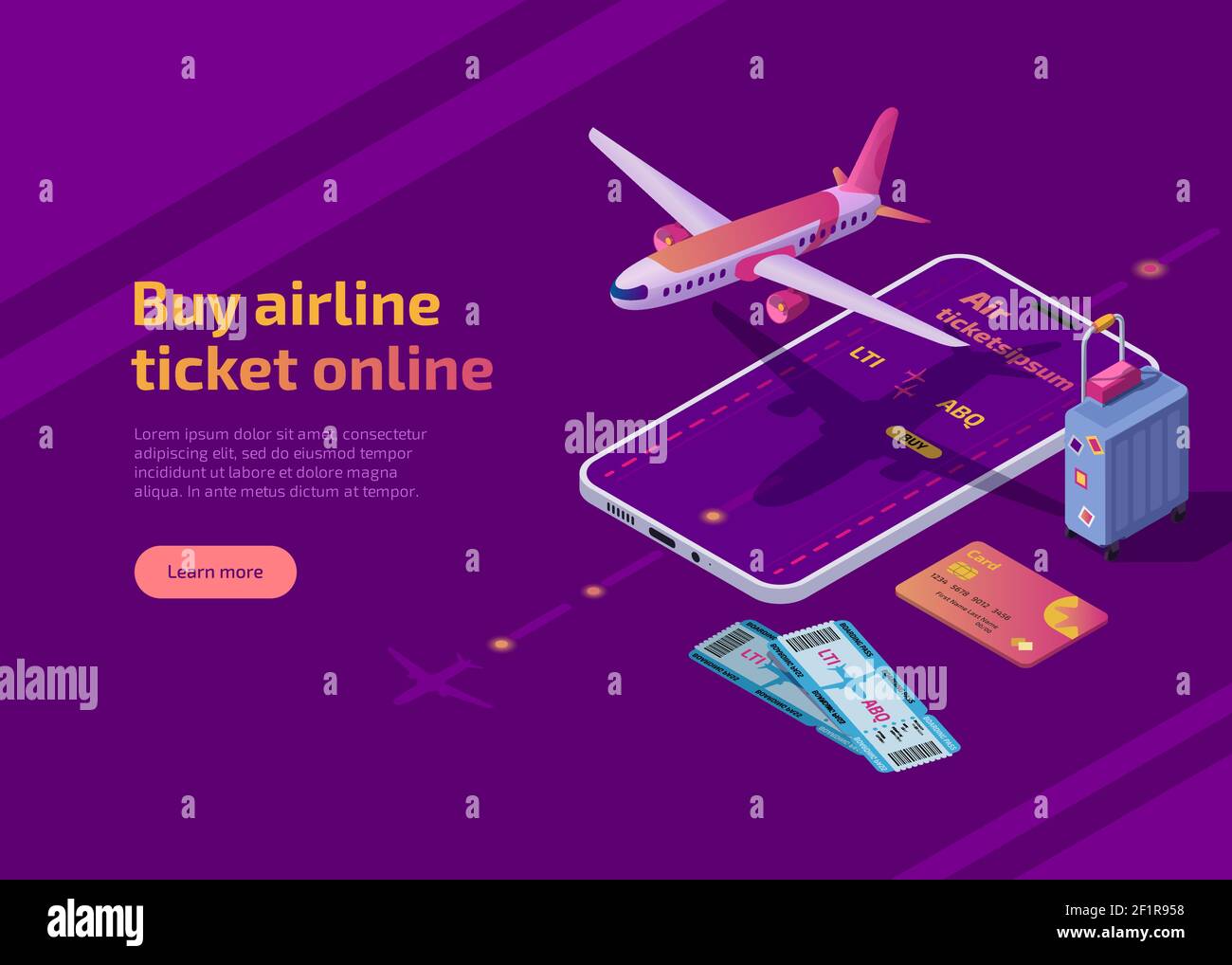 Buy airline ticket online isometric landing page. 3d vector web banner with plane in the air, bank card and suitcase. Booking application on smartphone screen. Airplane travel app for mobile phone. Stock Vector