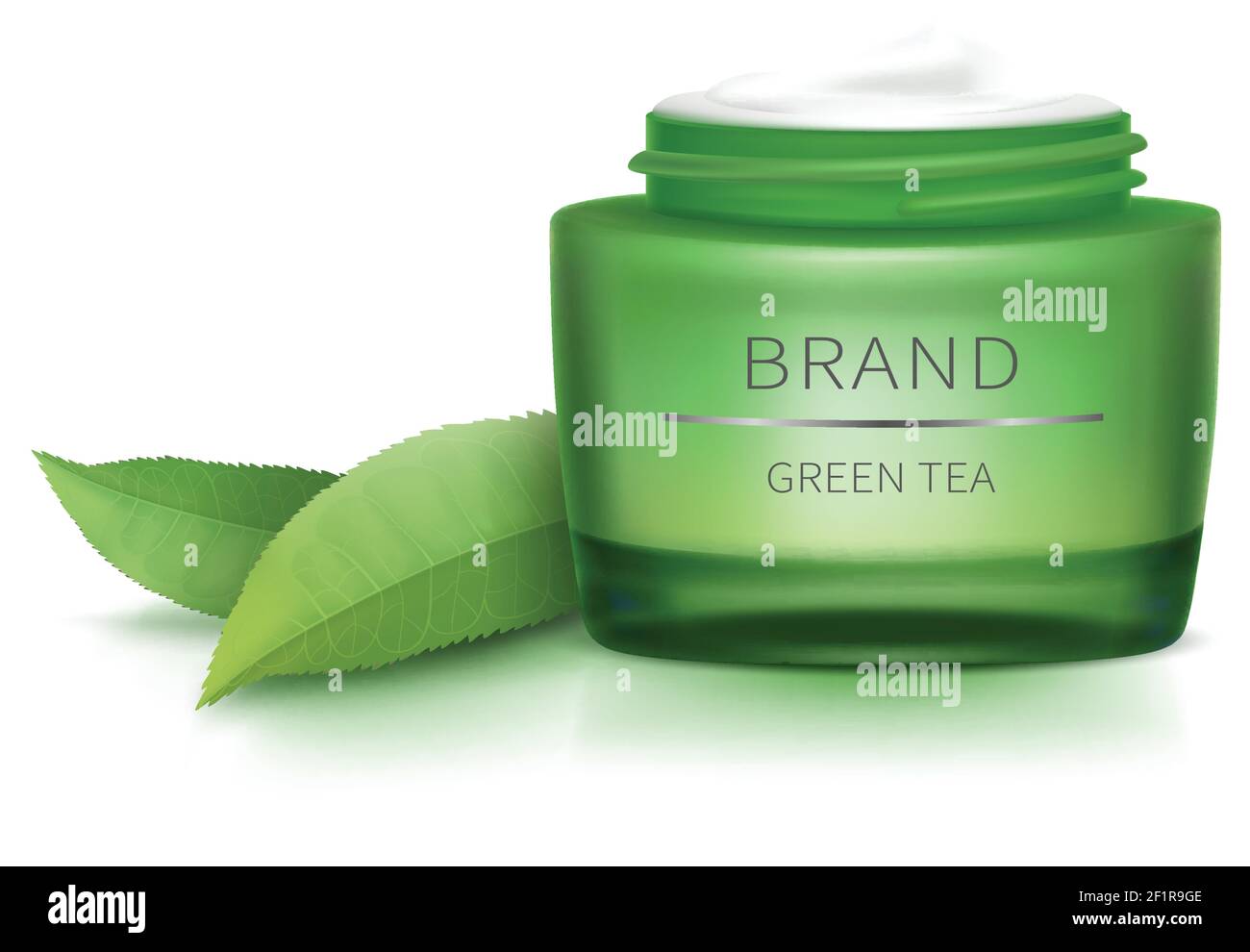 Cosmetic realistic vector set. Green open glass jar with silver brand