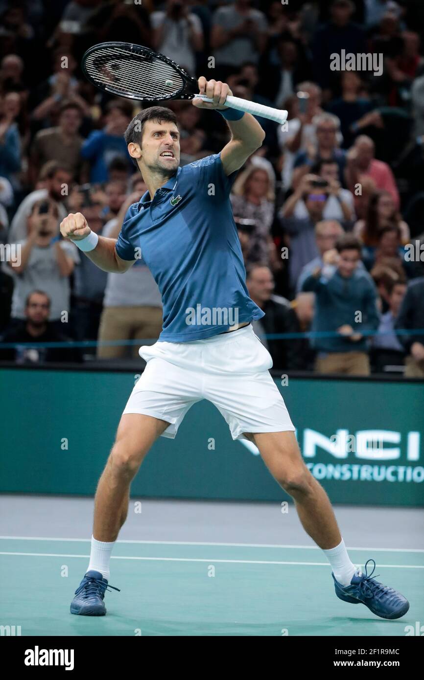 Novak DJOKOVIC (SRB) won against Roger FEDERER (SUI) and will competes the  final, celebration during the Rolex Paris Masters Paris 2018 Tennis match  on November 3rd, 2018 at AccorHotels Arena (Bercy) in