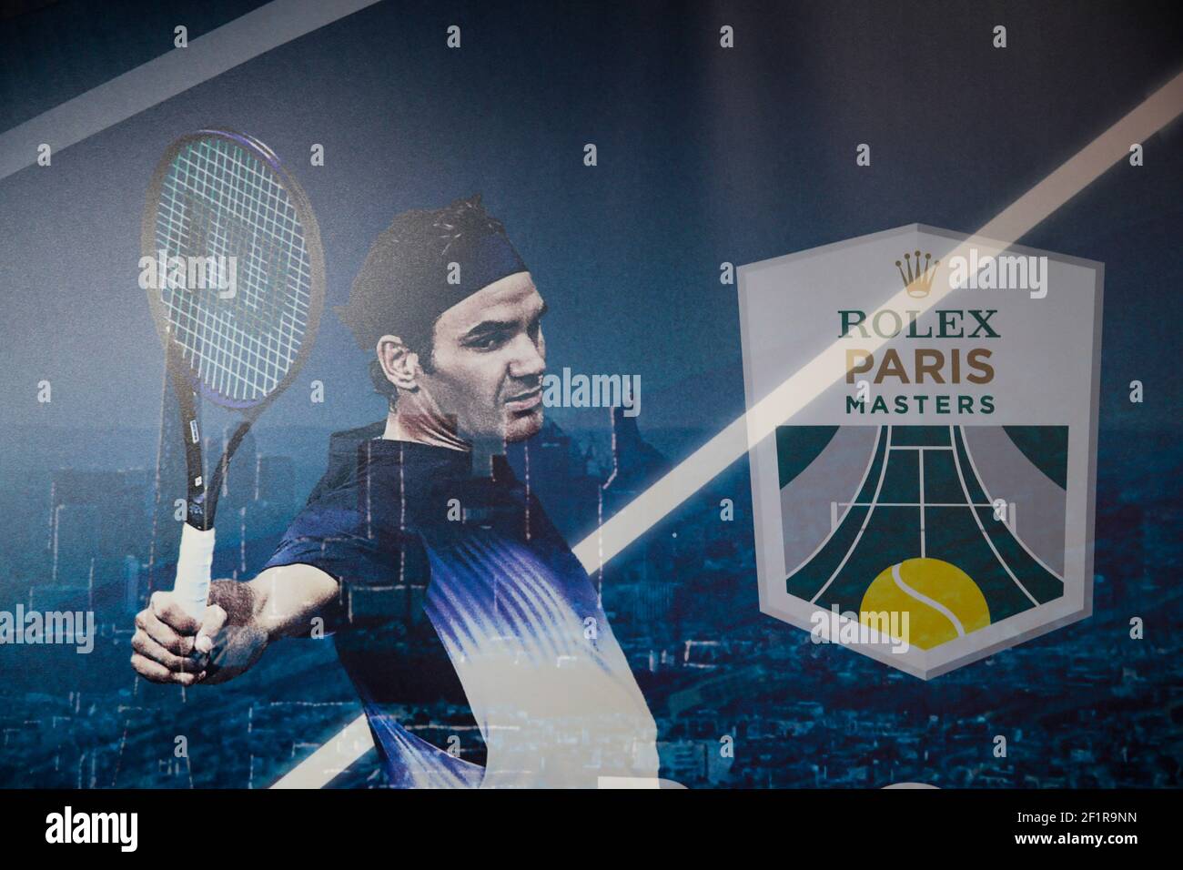 Illustration of wallpaper logotype Roger FEDERER (SUI) during the Rolex  Paris Masters Paris 2018 Tennis match