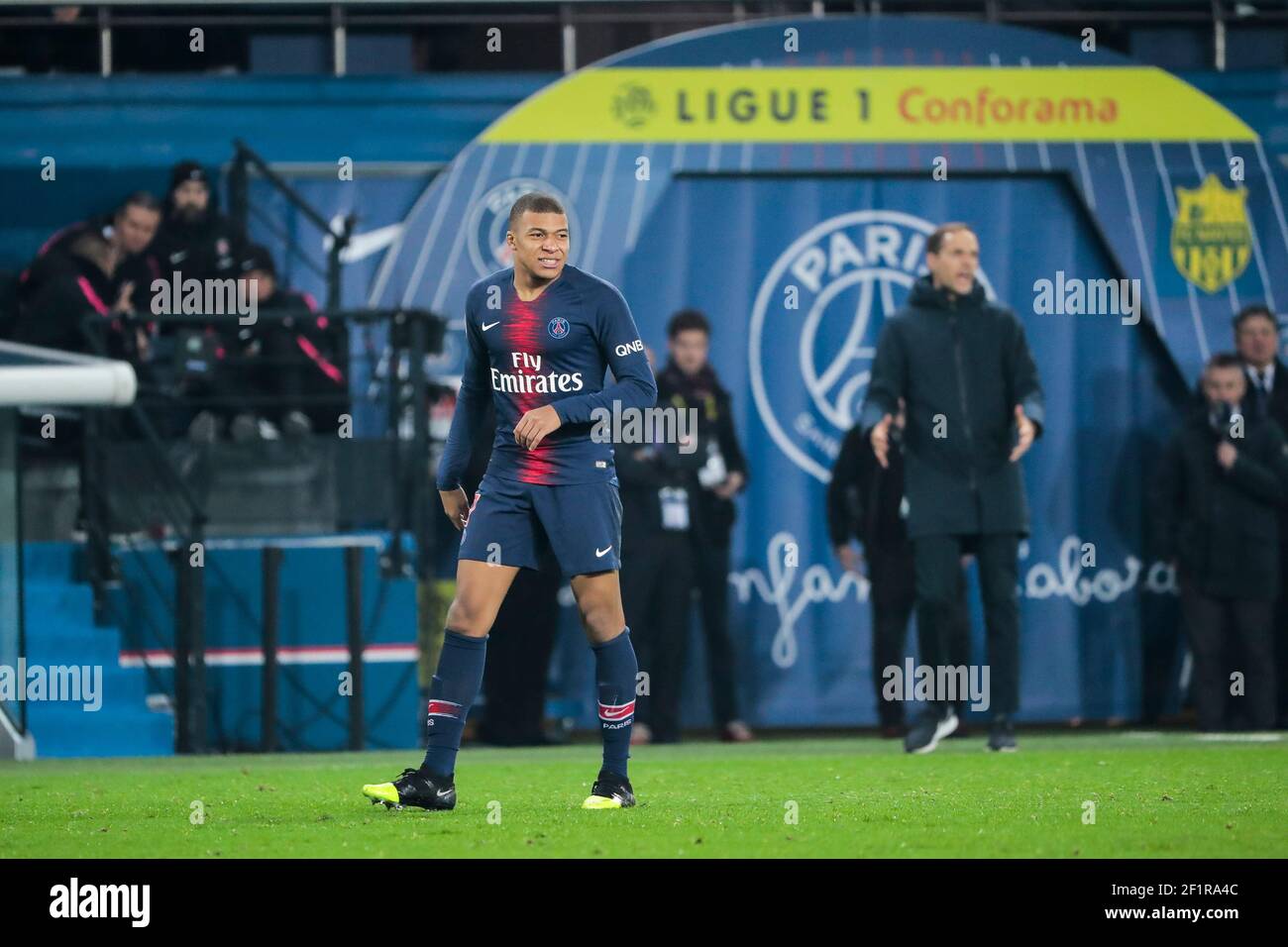 Kylian Mbappe (PSG) after missed to score, Thomas TUCHEL (PSG) in the  background reacted during the French championship Ligue 1 football match  between Paris Saint-Germain and FC Nantes on December 22, 2018