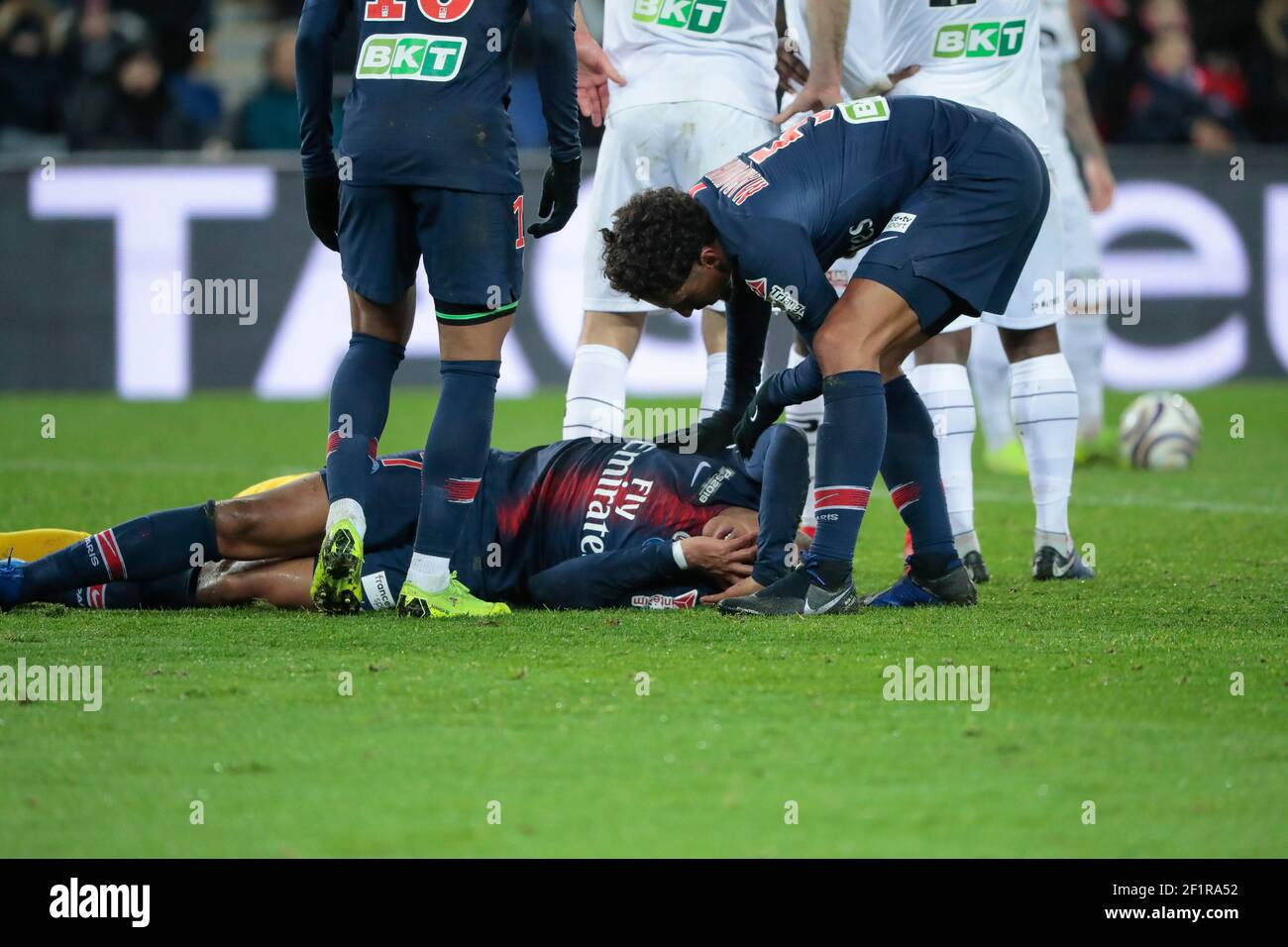 Kylian Mbappe (PSG) is on the floor after been hurted with Karl-Johan JOHNSSON (En Avant Guingamp) during the French League Cup, quarter final football match between Paris Saint-Germain and EA Guingamp on January 9, 2019 at Parc des Princes stadium in Paris, France - Photo Stephane Allaman / DPPI Stock Photo