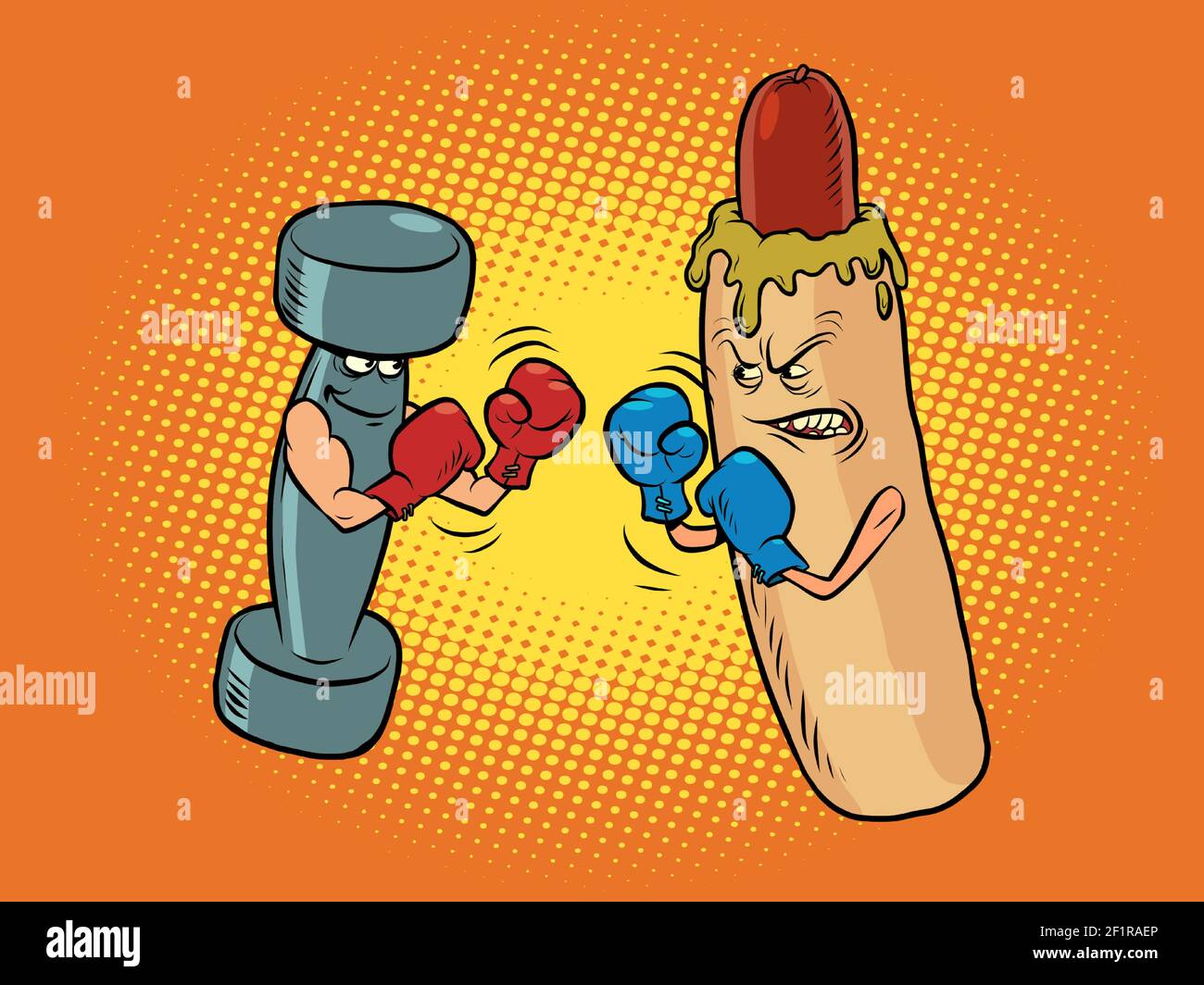 hot dog and dumbbell boxing. Healthy and harmful lifestyle Stock Vector