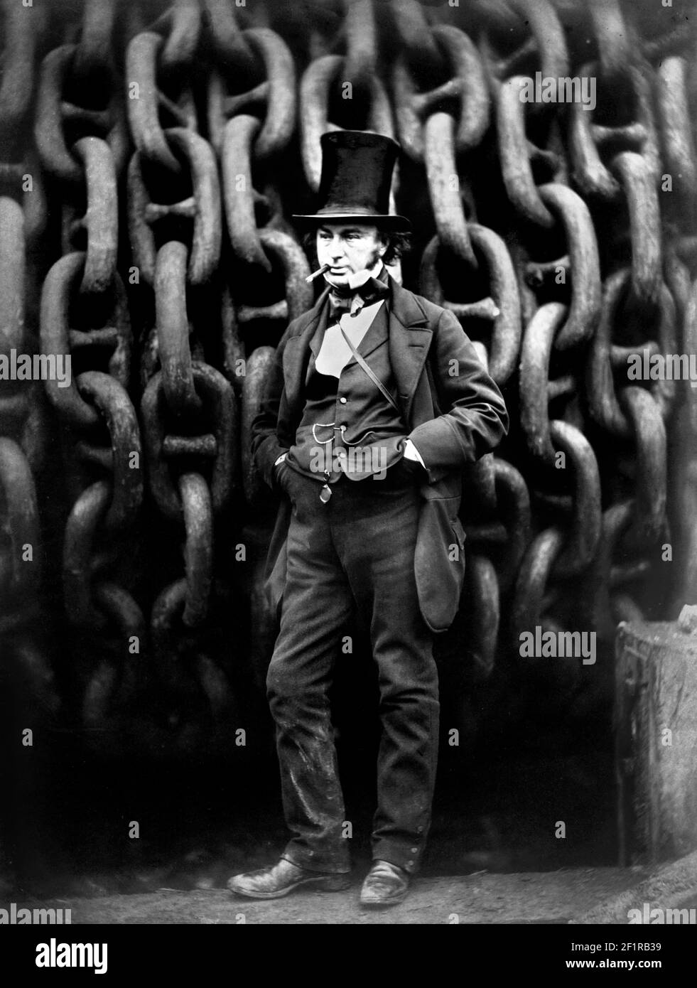 Isambard Kingdom Brunel. Portrait entitled "Isambard Kingdom Brunel Standing Before the Launching Chains of the Great Eastern"  by Robert Howlett, 1857. Brunel (1806-1859) was the most celebrated civil engineer of the nineteenth century. Stock Photo