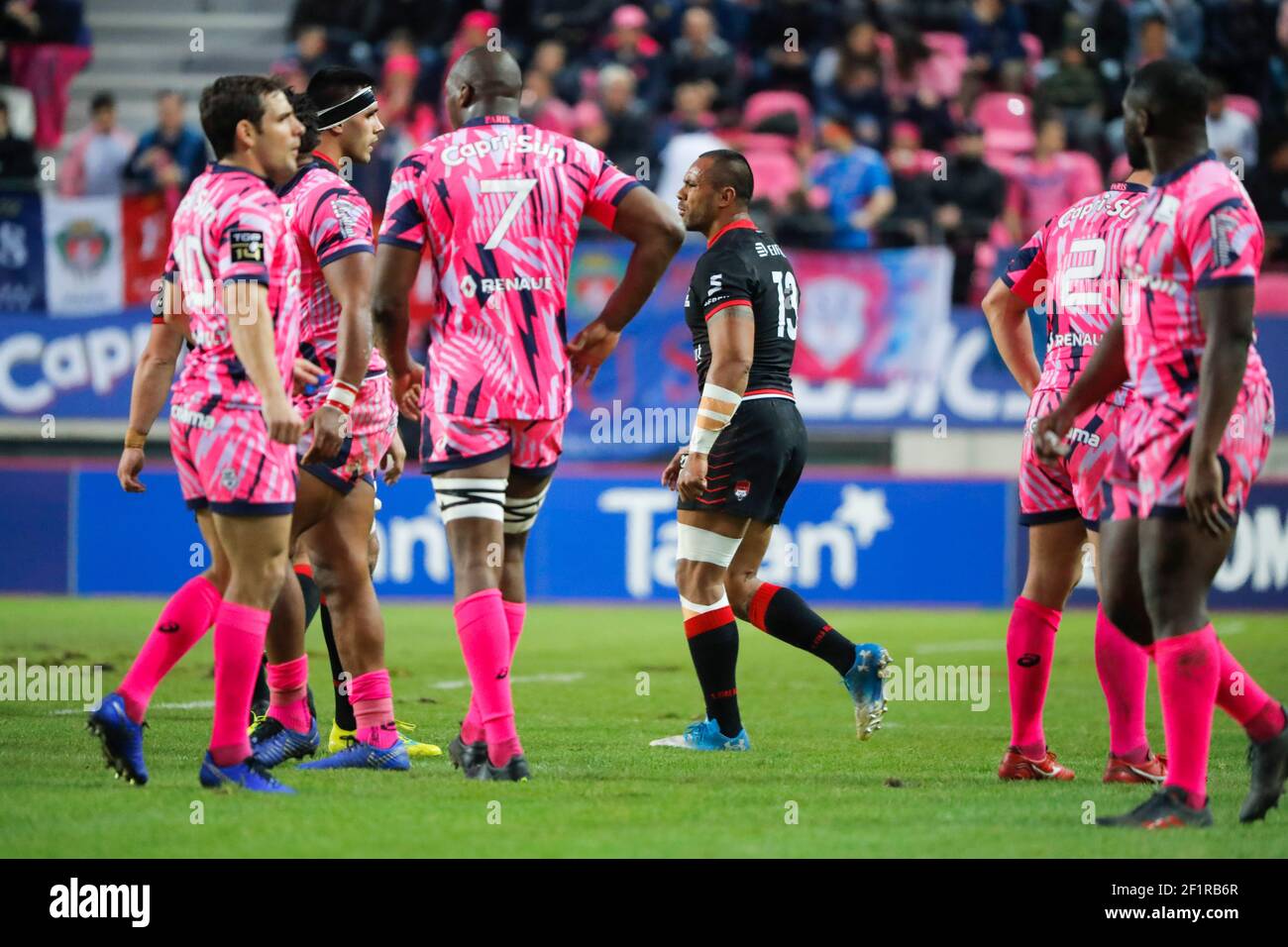 R. Wulf (Lyon Olympique Universitaire Rugby) reacted after missed to recieve the bal in hands, S. Macalou (Stade Francais Paris), J. Danty (Stade Francais Paris), N. Sanchez (Stade Francais Paris) during the French championship Top 14 rugby union match between Stade Francais Paris and Lyon OU on February 16, 2019 at Jean Bouin stadium in Paris, France - Photo Stephane Allaman / DPPI Stock Photo