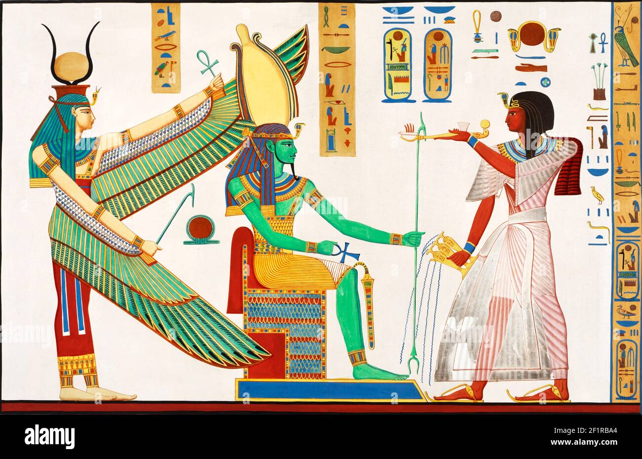 Isis and Osiris. Early 18th century lithograph showing Ramesses IV (or Ramesses III) in his tomb in the Valley of the Kings (Biban-el-Moluk) making offerings to Osiris and Isis. Stock Photo