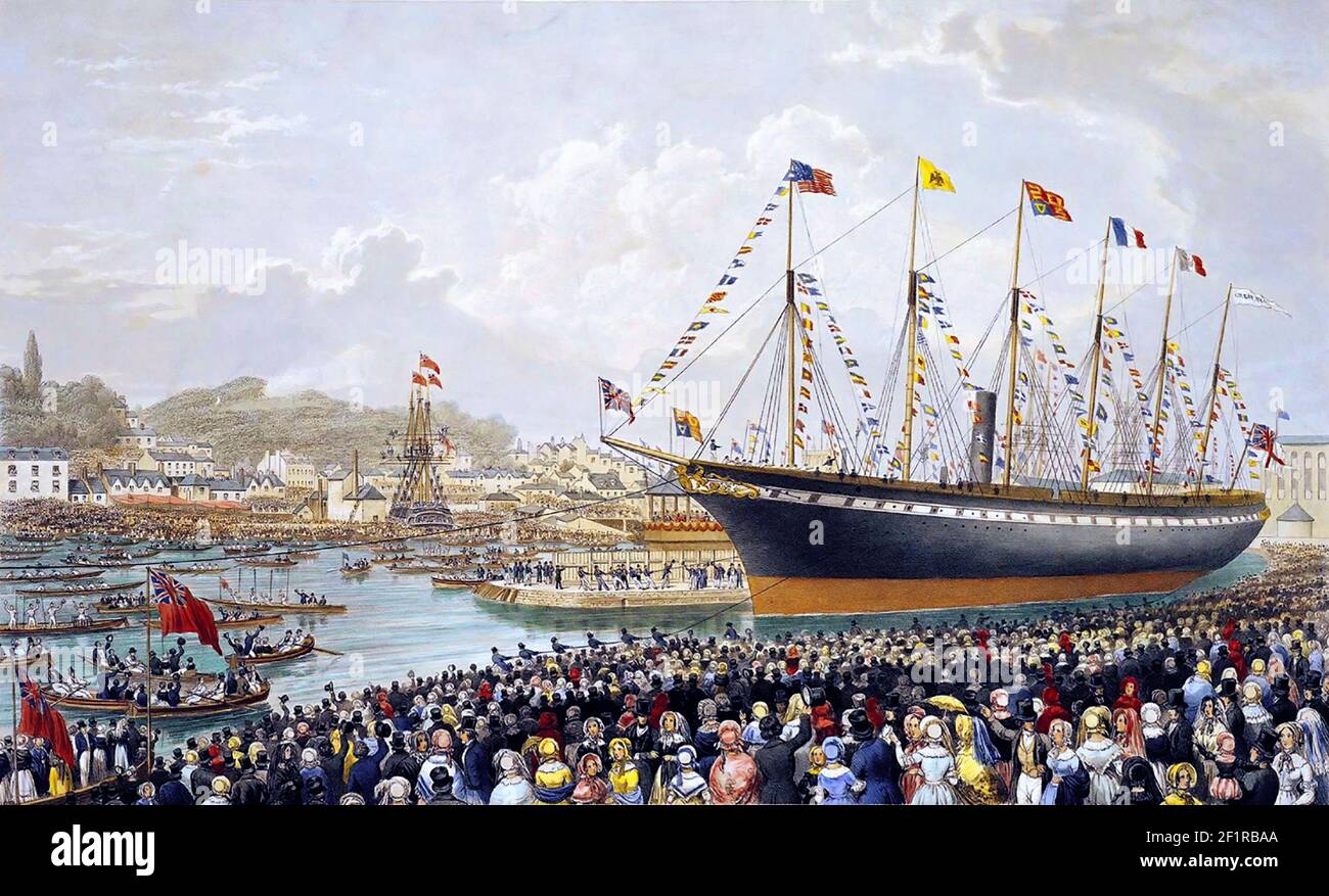 SS Great Britain. The launch of Isambard Kingdom Brunel's SS Great Britain in Bristol, 1843, engraving by Thomas Ashburton Stock Photo