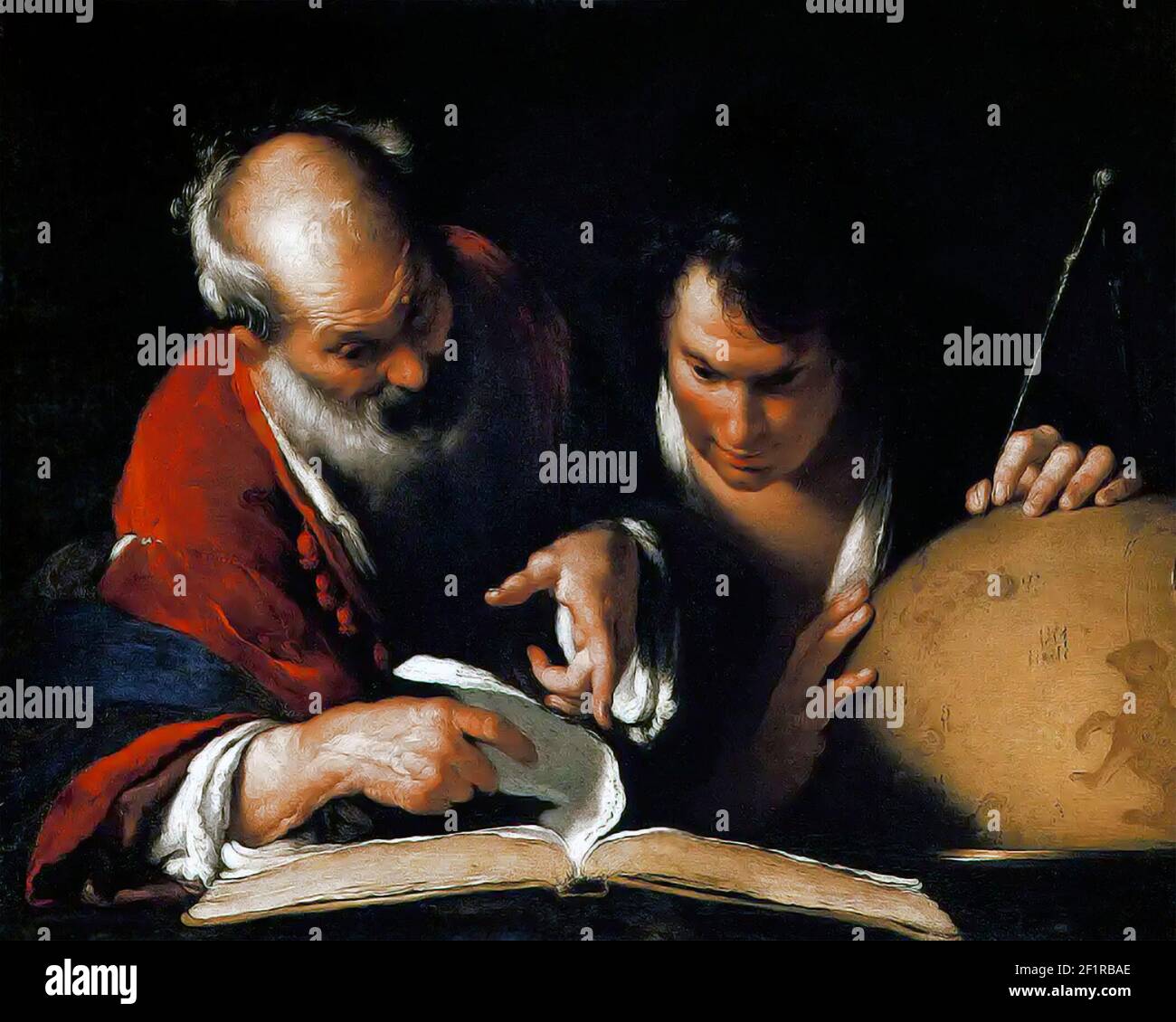 Eratosthenes. Painting entitled 'Eratosthenes teaching in Alexandria' by Bernardo Strozzi, oil on canvas, c. 1635. Eratosthenes of Cyrene ( c. 276 BC - c. 195/194 BC) was a Greek polymath, mathematician, geographer, poet, astronomer, and music theorist. He was a man of learning, becoming the chief librarian at the Library of Alexandria. Stock Photo