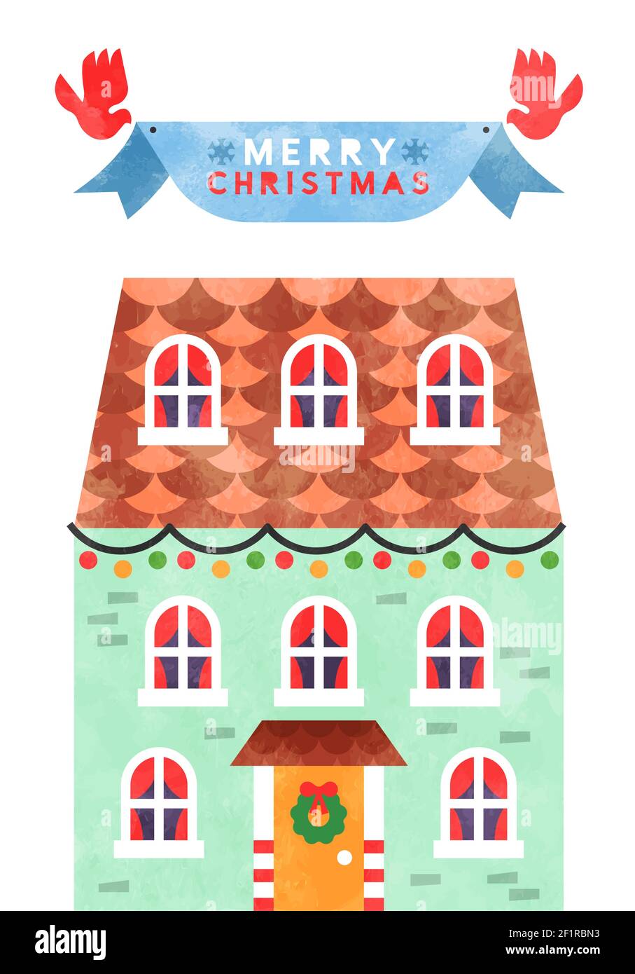 Merry Christmas greeting card illustration, cute watercolor cartoon house with festive xmas season decoration in modern geometric style and birds hold Stock Vector