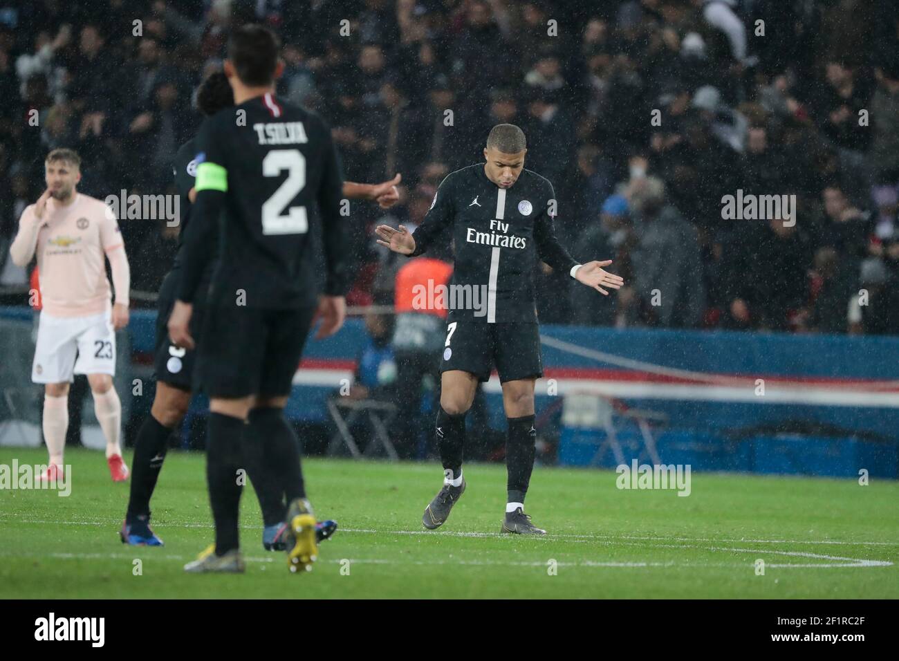 Kylian Mbappe Lottin (PSG) reacted after the goal scored by Juan Bernat (PSG), Marcos Aoas Correa, Marquinhos (PSG), Thiago Silva (PSG), Luke Shaw (Manchester United)(ENG) during the UEFA Champions League, round of 16, 2nd leg football match between Paris Saint-Germain and Manchester United on March 6, 2019 at Parc des Princes stadium in Paris, France - Photo Stephane Allaman / DPPI Stock Photo