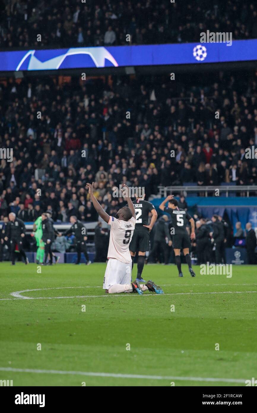 Romelu Lukaku (Manchester United)(ENG) celebrated it game winned, Thiago Silva (PSG) and Marcos Aoas Correa, Marquinhos (PSG) desappointed during the UEFA Champions League, round of 16, 2nd leg football match between Paris Saint-Germain and Manchester United on March 6, 2019 at Parc des Princes stadium in Paris, France - Photo Stephane Allaman / DPPI Stock Photo