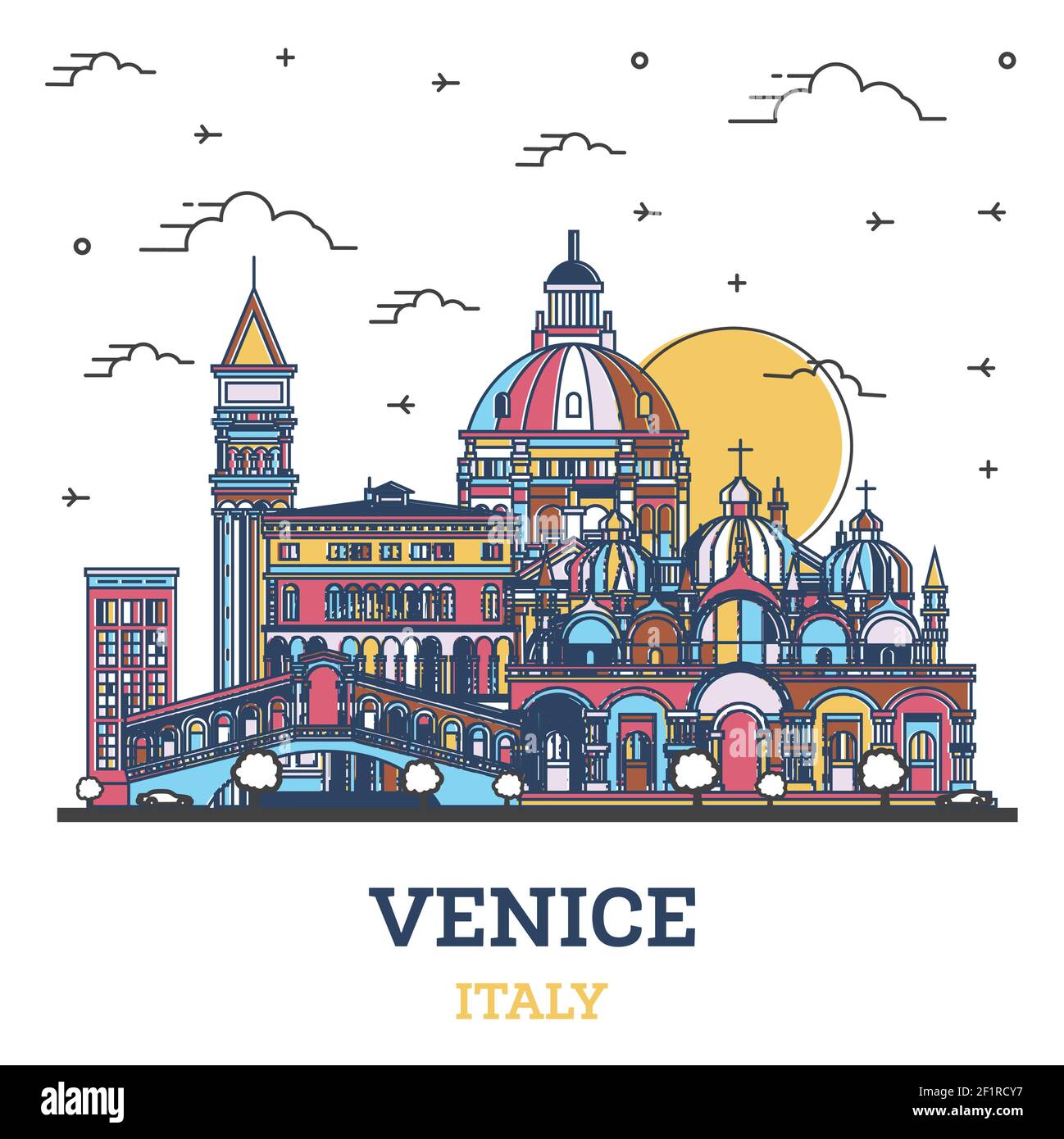 Outline Venice Italy City Skyline with Colored Historic Buildings Isolated on White. Vector illustration. Venice Cityscape with Landmarks. Stock Vector