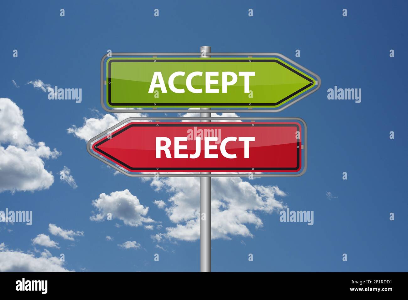 Accept or deny signposts opposite directions choose options job relationship Stock Photo
