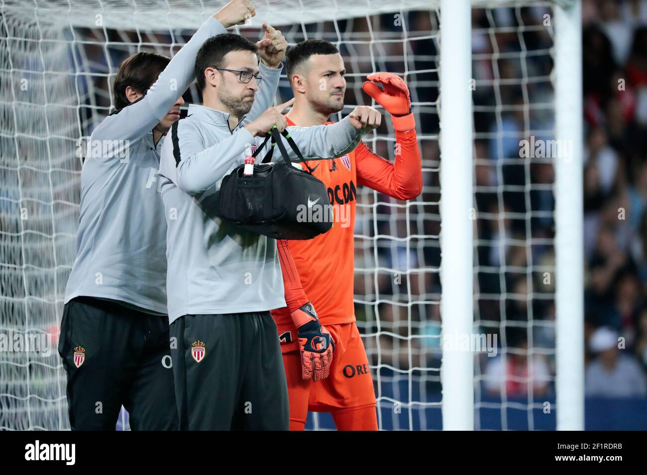Danijel SUBASIC (AS Monaco) need care during the French championship L1 football match between Paris Saint-Germain and AS Monaco on April 21, 2019 at Parc des Princes stadium in Paris, France, Paris Saint-Germain will pay a special tribute to the firefighters of Paris and Ile-de-France, who bravely fought the fire that partially ravaged Notre-Dame Cathedral last Monday at the end of the day - A jersey with a visual of Notre-Dame de Paris will be worn by the players of Paris Saint-Germain - On the back of this jersey, the inscription 'Notre-Dame' will be flocked in place of the players' names - Stock Photo