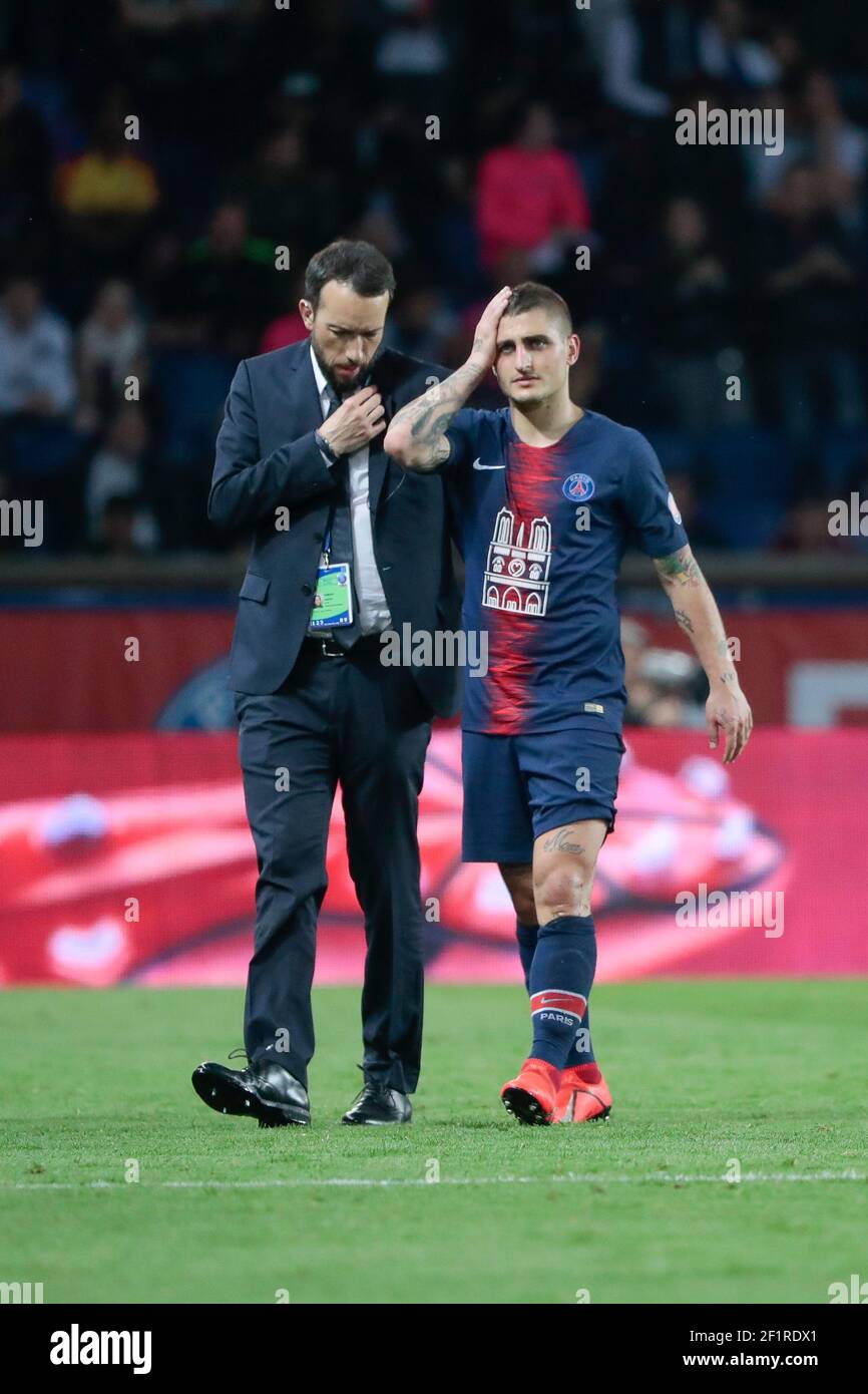 Marco Verratti (PSG) must left the game during the French championship L1  football match between Paris Saint-Germain and AS Monaco on April 21, 2019  at Parc des Princes stadium in Paris, France,