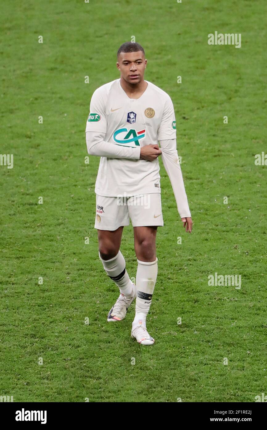 Kylian Mbappe (PSG) received a red card and left the game after hurted  Damien DA SILVA (Stade Rennais Football Club) with his shoe during the  French Cup, Final football match between Stade