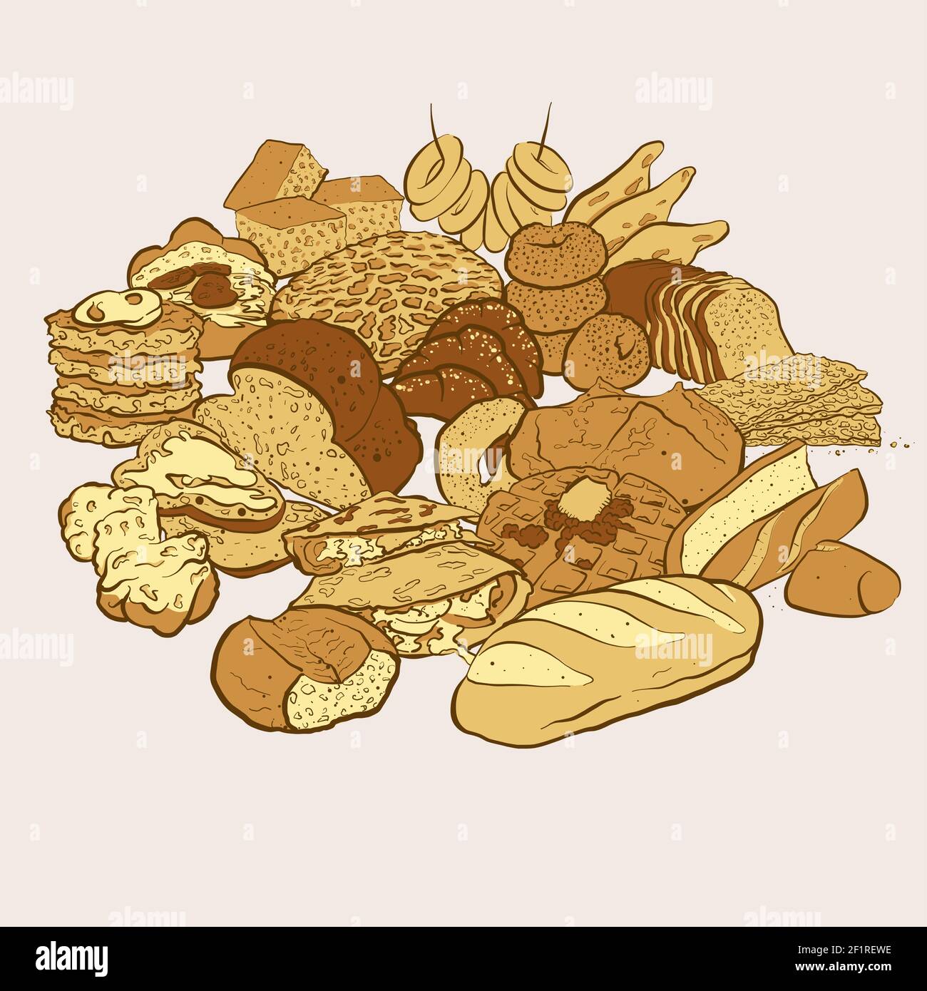 Hand drawn baked goods on a pile for wall art and shirts prints Stock