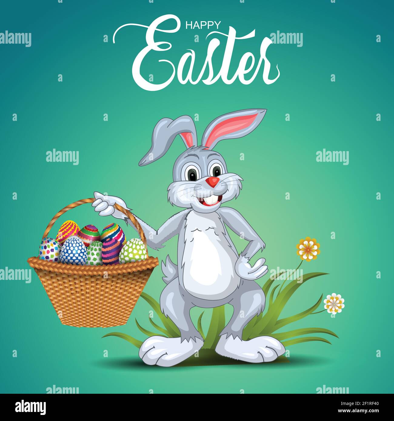 happy Easter greetings. Holding a funny rabbit egg basket in his hand. vector illustration design Stock Vector