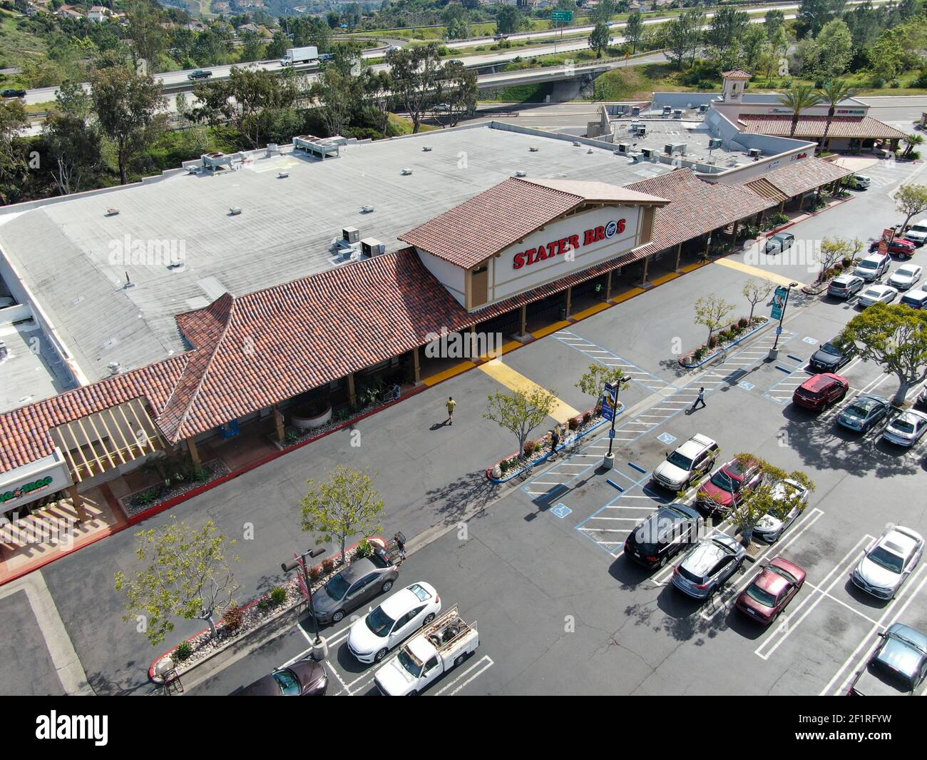 Aerial view of Stater Bros Grocery Store exterior and logo Stock Photo