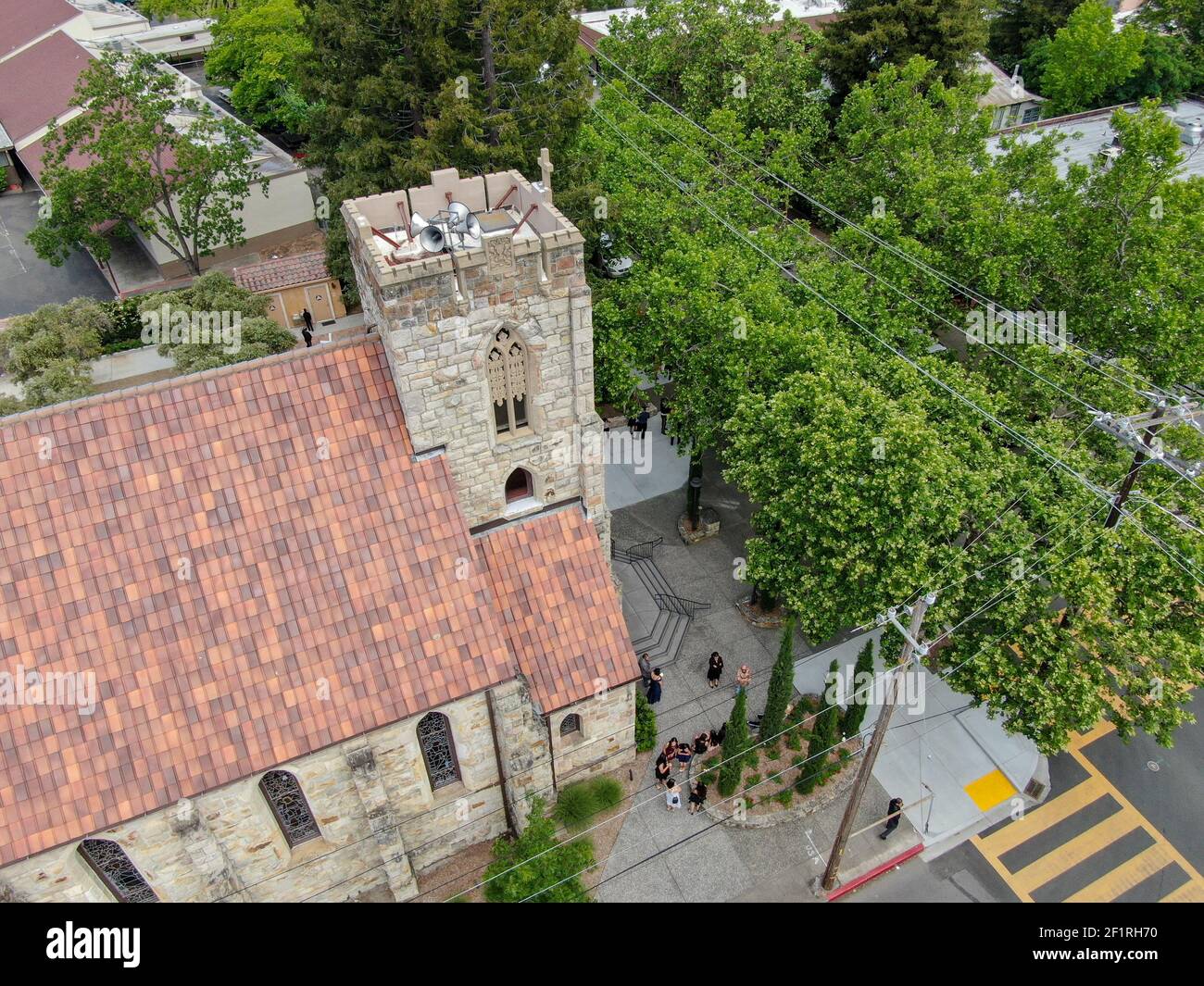 Aerial view of St. Helena Roman Catholic Church, historic church
