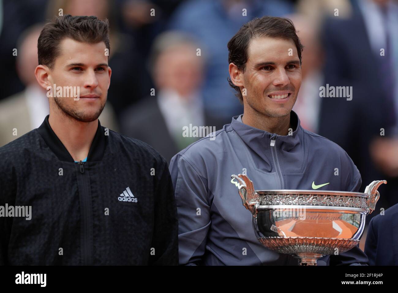 Rafael NADAL (ESP) won the game, Dominic THIEM (AUT) at trophy ceremony  during the Roland-Garros 2019, Grand Slam Tennis Tournament, men's final  draw on June 9, 2019 at Roland-Garros stadium in Paris,