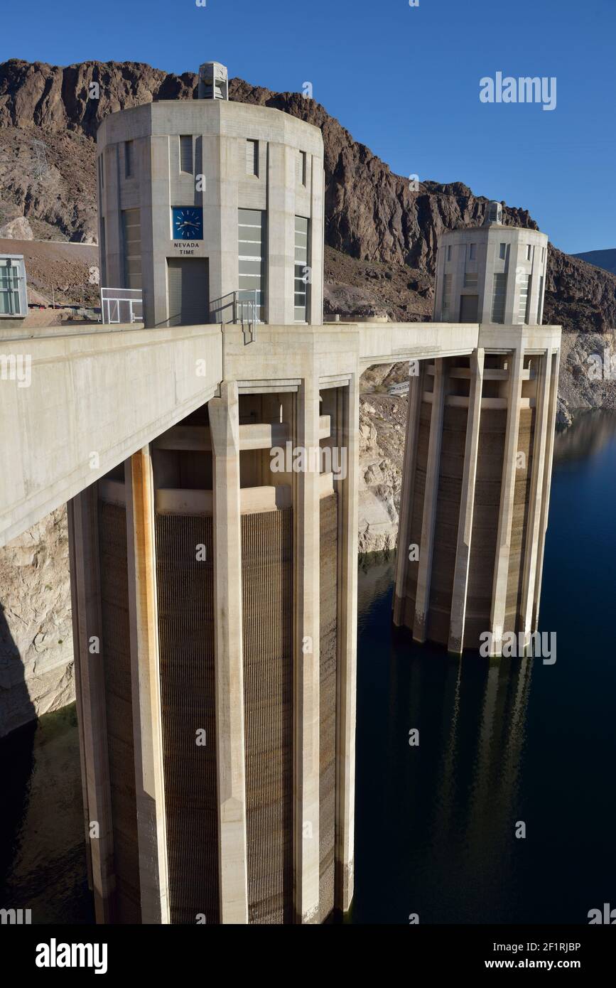 Intake towers on the Nevada side of Hoover Dam. Hoover Dam, Arizona, Nevada, USA Stock Photo Alamy