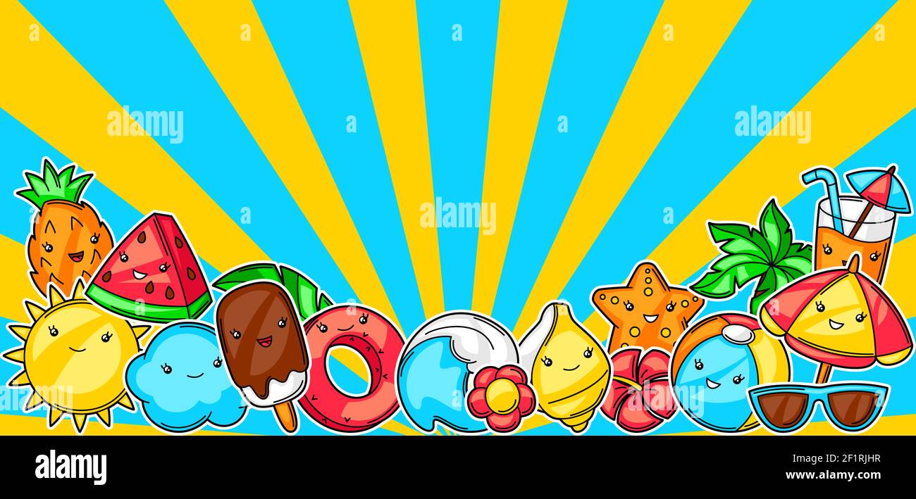 Background With Cute Kawaii Summer Items Stock Vector Image Art Alamy