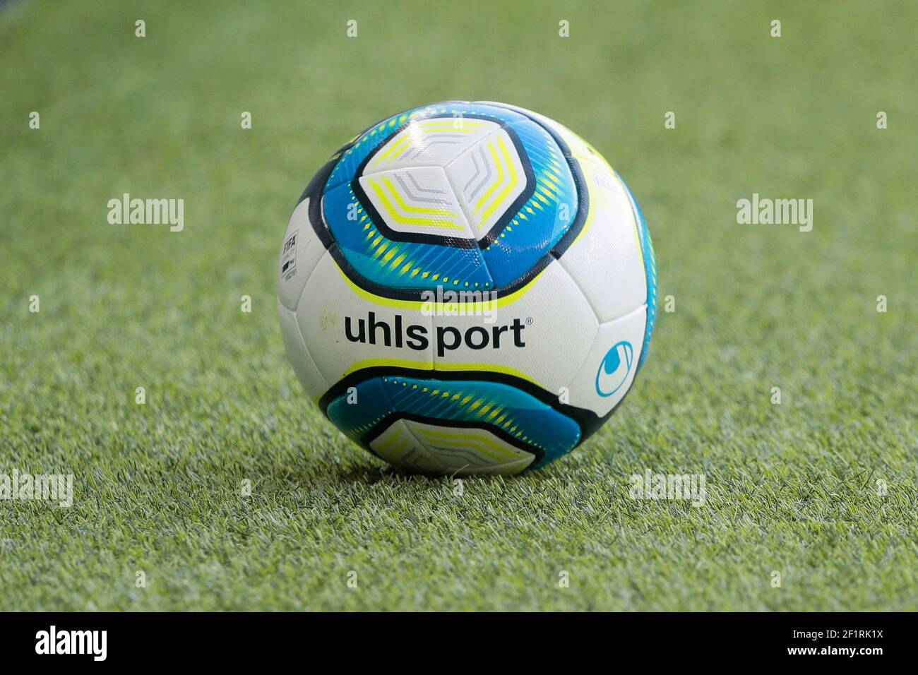 Official soccer ball Ligue 1 Conforama Uhlsport Elysia illustration during  the French championship L1 football match between Paris Saint-Germain and  RC Strasbourg Alsace on September 14, 2019 at Parc des Princes stadium
