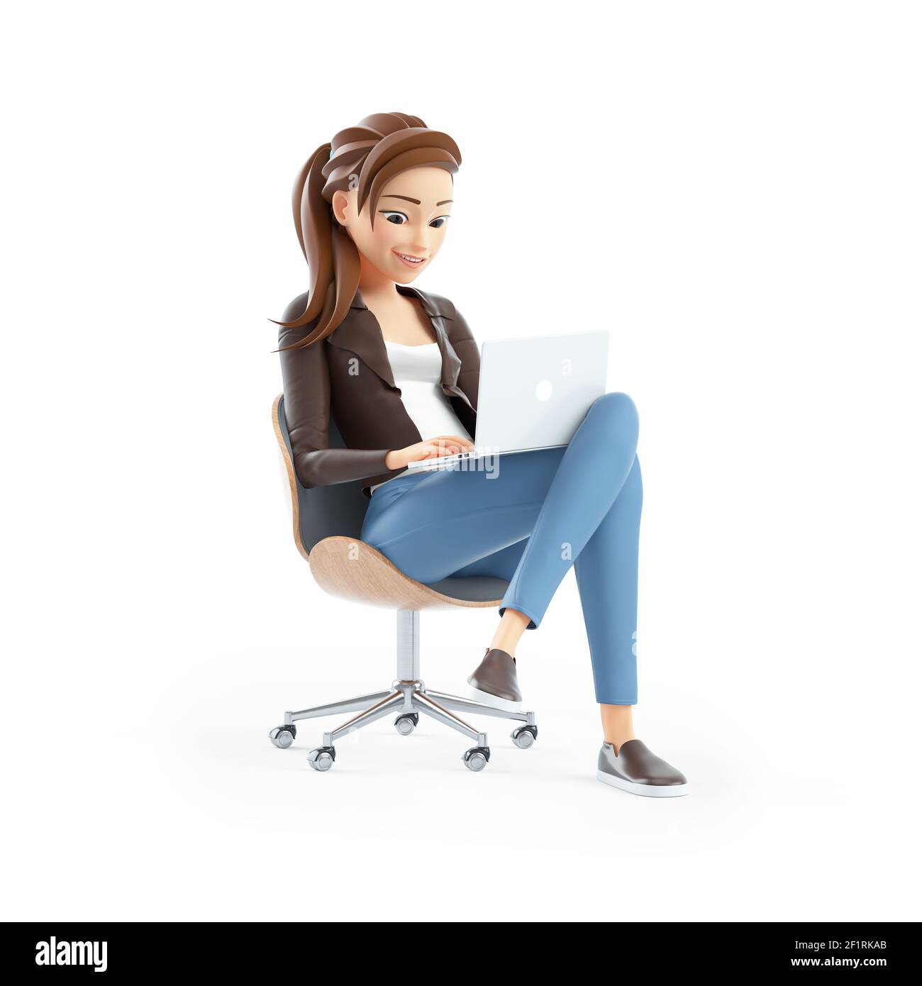 3d cartoon woman sitting in chair with laptop, illustration isolated on  white background Stock Photo - Alamy