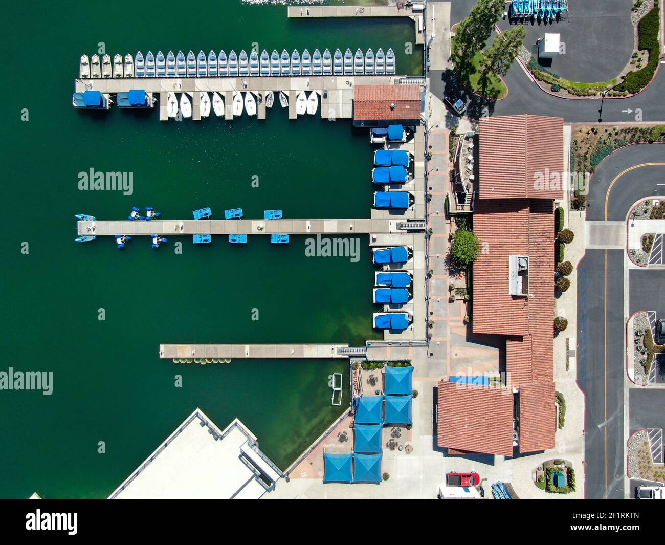 Aerial view of Lake Mission Viejo, with recreational facilities and small pier at Playe Del Norte. California Stock Photo