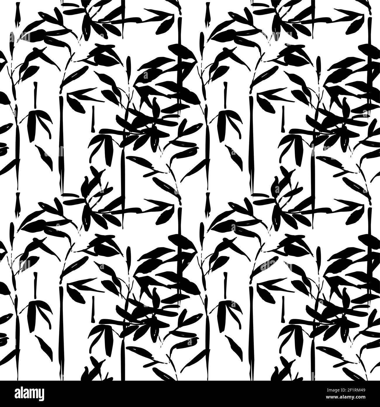 Asian bamboo tree leaf seamless pattern. Traditional hand drawn chinese art background in black and white. Stock Vector