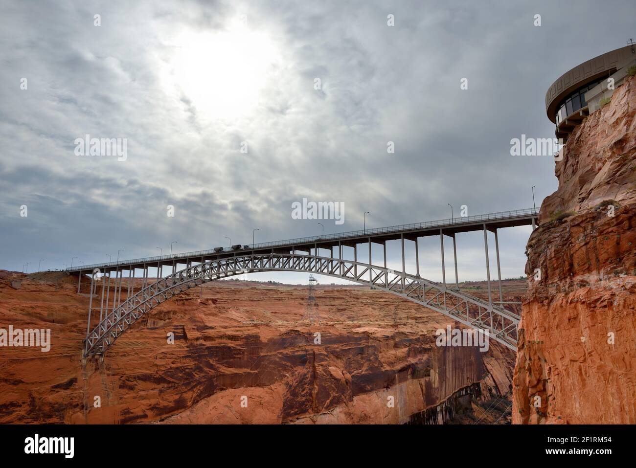Glen Canyon Dam Bridge and the Visitor's Center, Coconino County, Arizona, USA Stock Photo