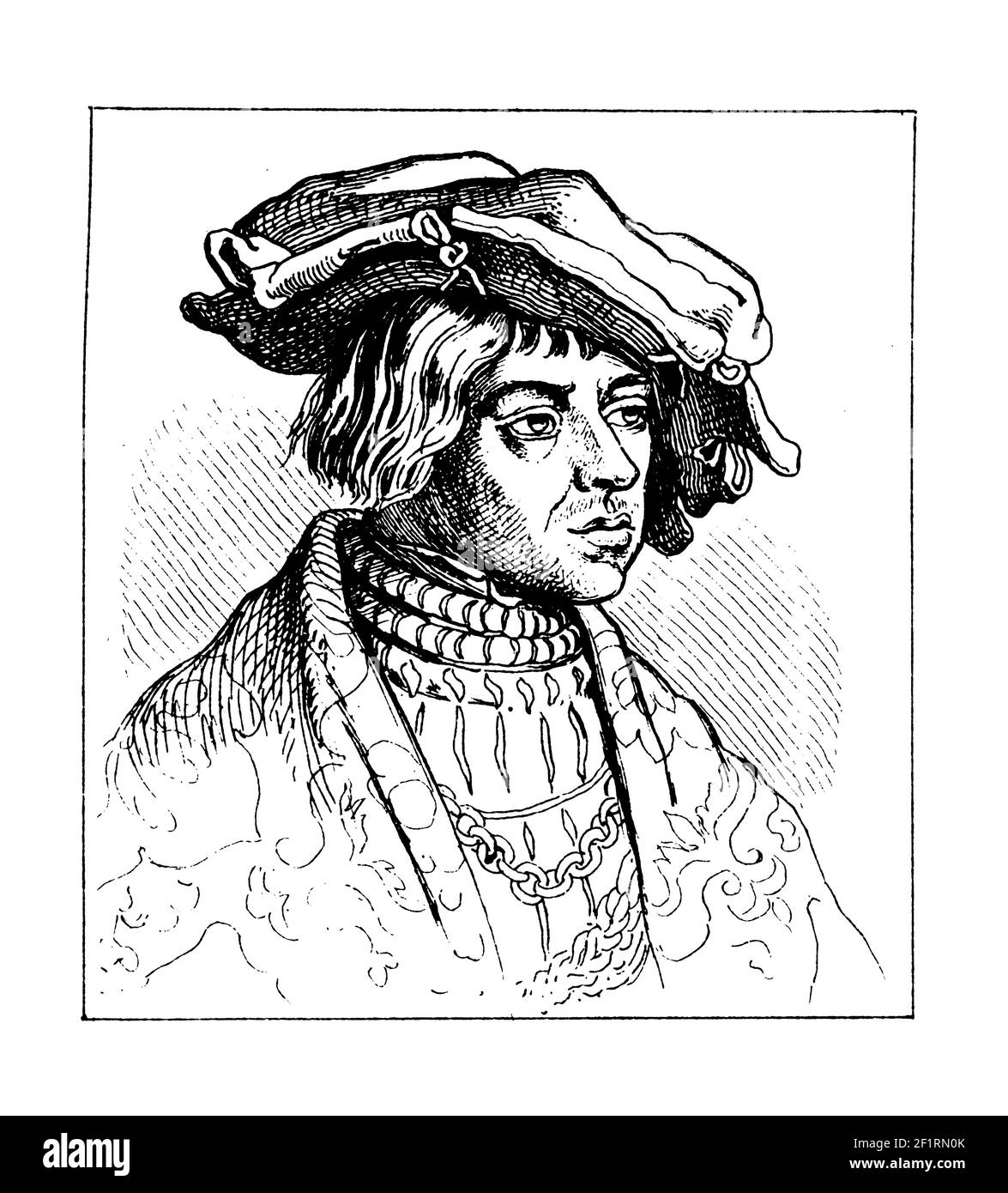 Antique illustration of a portrait of Ulrich von Hutten, German supporter of the Lutheran Reformation. He was born on April 21, 1488 in Schluchtern, H Stock Photo