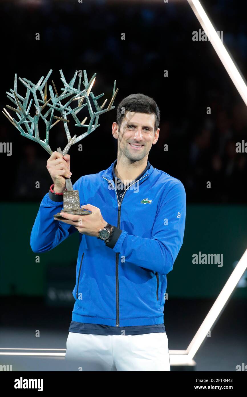 Trophy ceremony with 'l Arbre de Fanti', Novak Djokovic (SRB) won the  tournament, celebration,during the ATP World Tour Masters 1000 - Rolex Paris  Masters - Final game - indoor tennis tournament on