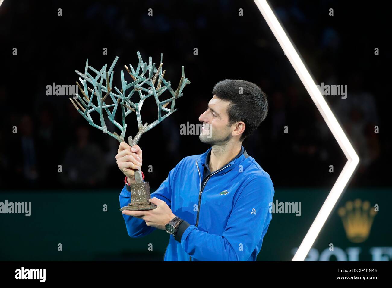 Trophy ceremony with 'l Arbre de Fanti', Novak Djokovic (SRB) won the  tournament, celebration,during the ATP World Tour Masters 1000 - Rolex Paris  Masters - Final game - indoor tennis tournament on