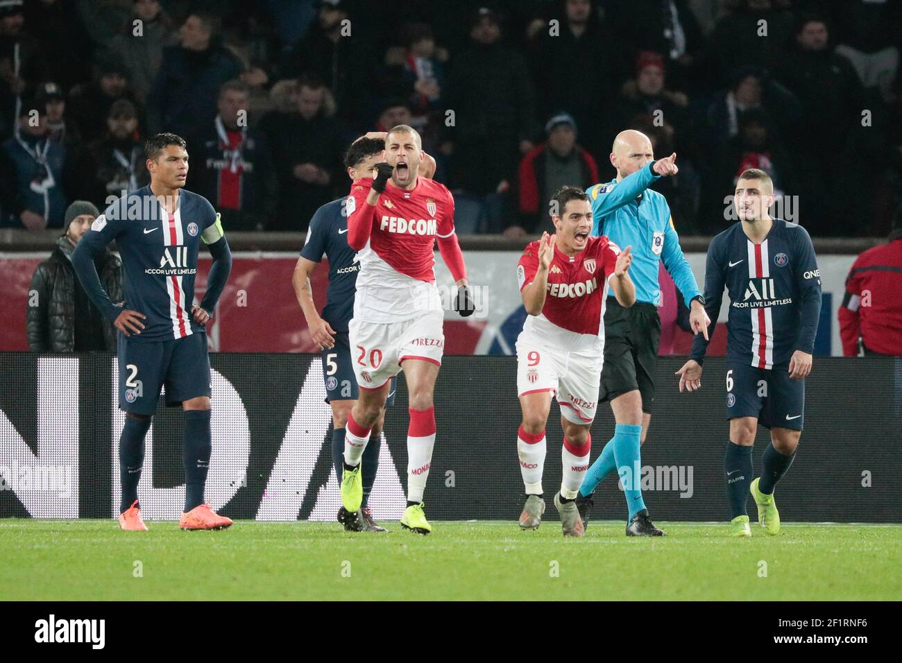 Islam SLIMING (AS Monaco) scored a goal after referee decision from video arbitrage, celebration, with Wissam BEN YEDDER (AS Monaco), Marcos Aoas Correa, Marquinhos (PSG), Thiago Silva (PSG), Marco Verratti (PSG) during the French championship L1 football match between Paris Saint-Germain and AS Monaco on January 12, 2020 at Parc des Princes stadium in Paris, France - Photo Stephane Allaman / DPPI Stock Photo