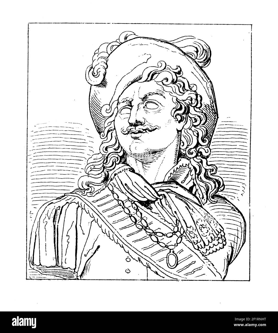 Antique 19th-century illustration of a portrait of Anne Hilarion de Costentin, Count of Tourville and French naval commander.  Born on November 24, 16 Stock Photo