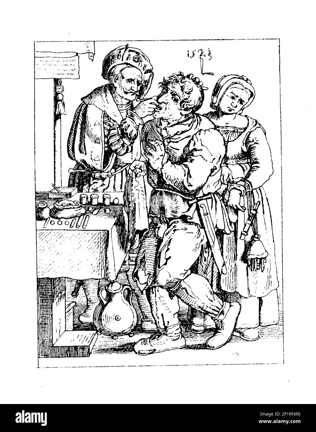 19th-century engraving of Leyden's painting of a couple at the dentist's. Published in Bilder-Atlas zur Weltgeschichte nach Kunstwerken alter und neue Stock Photo
